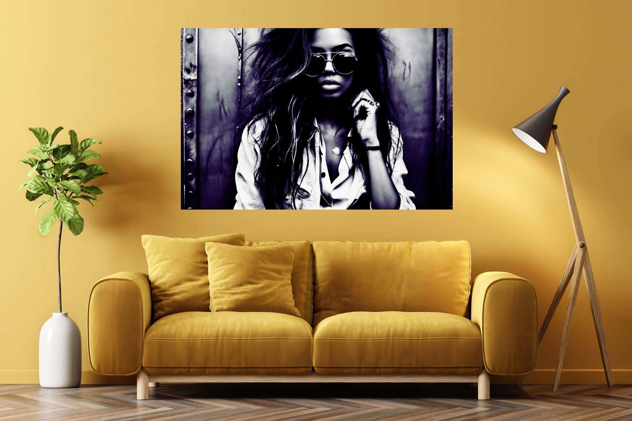 Silhouetted riddles in monochrome: Sunglasses art with whimsical glasses, in a room with classic elegance, gallery-quality artwork, and luxe decor. The art can be printed on poster, framed poster, canvas, metal, acrylic or wood, exclusively at WallArtZen. Find this exact print at https://wallartzen.com/waz45