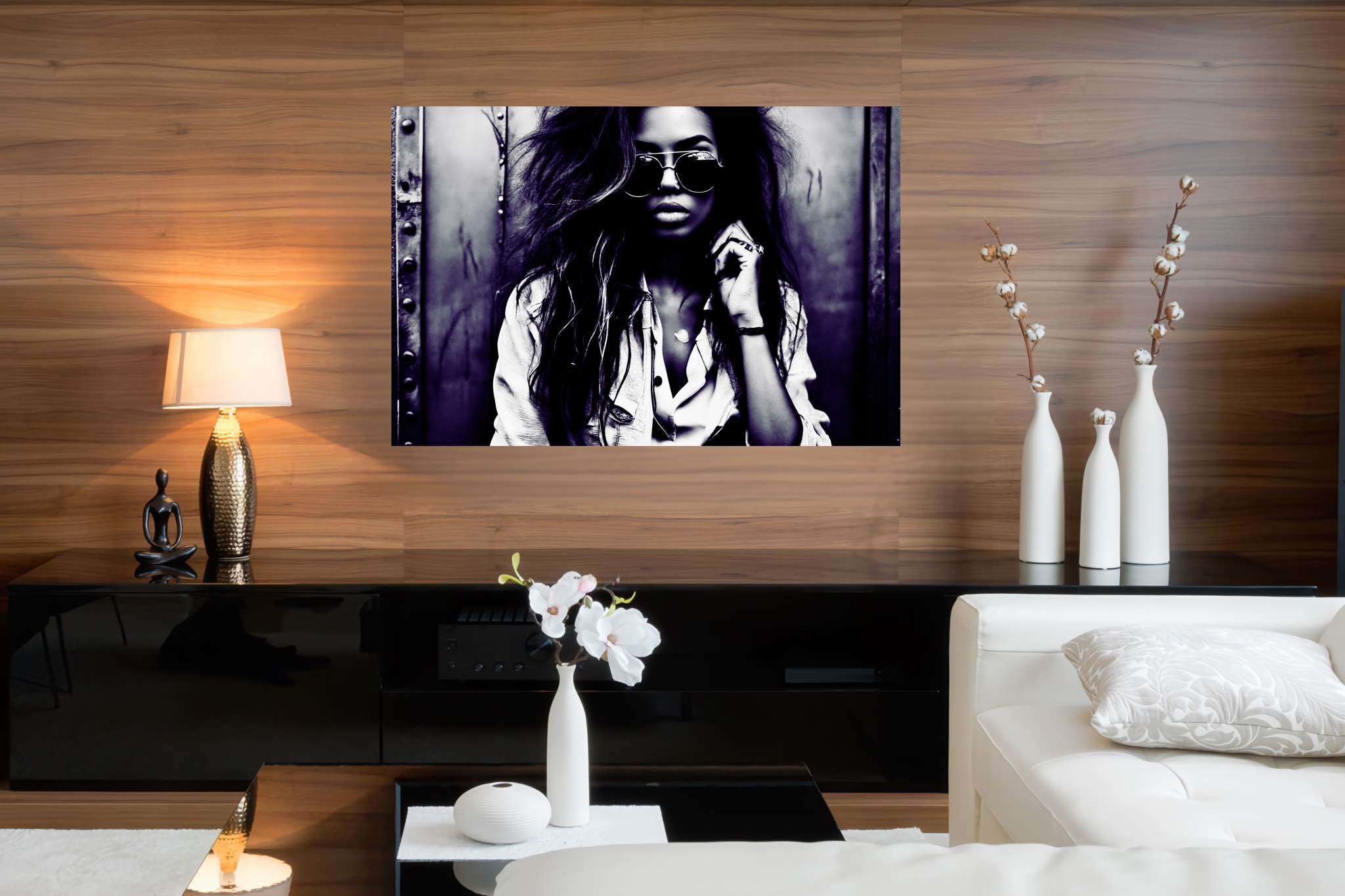 Silhouetted riddles in monochrome: Sunglasses art with sunglasses art, in a room with elegant layout, digital art pieces, and trendy home accents. The art can be printed on poster, framed poster, canvas, metal, acrylic or wood, exclusively at WallArtZen. Find this exact print at https://wallartzen.com/waz45