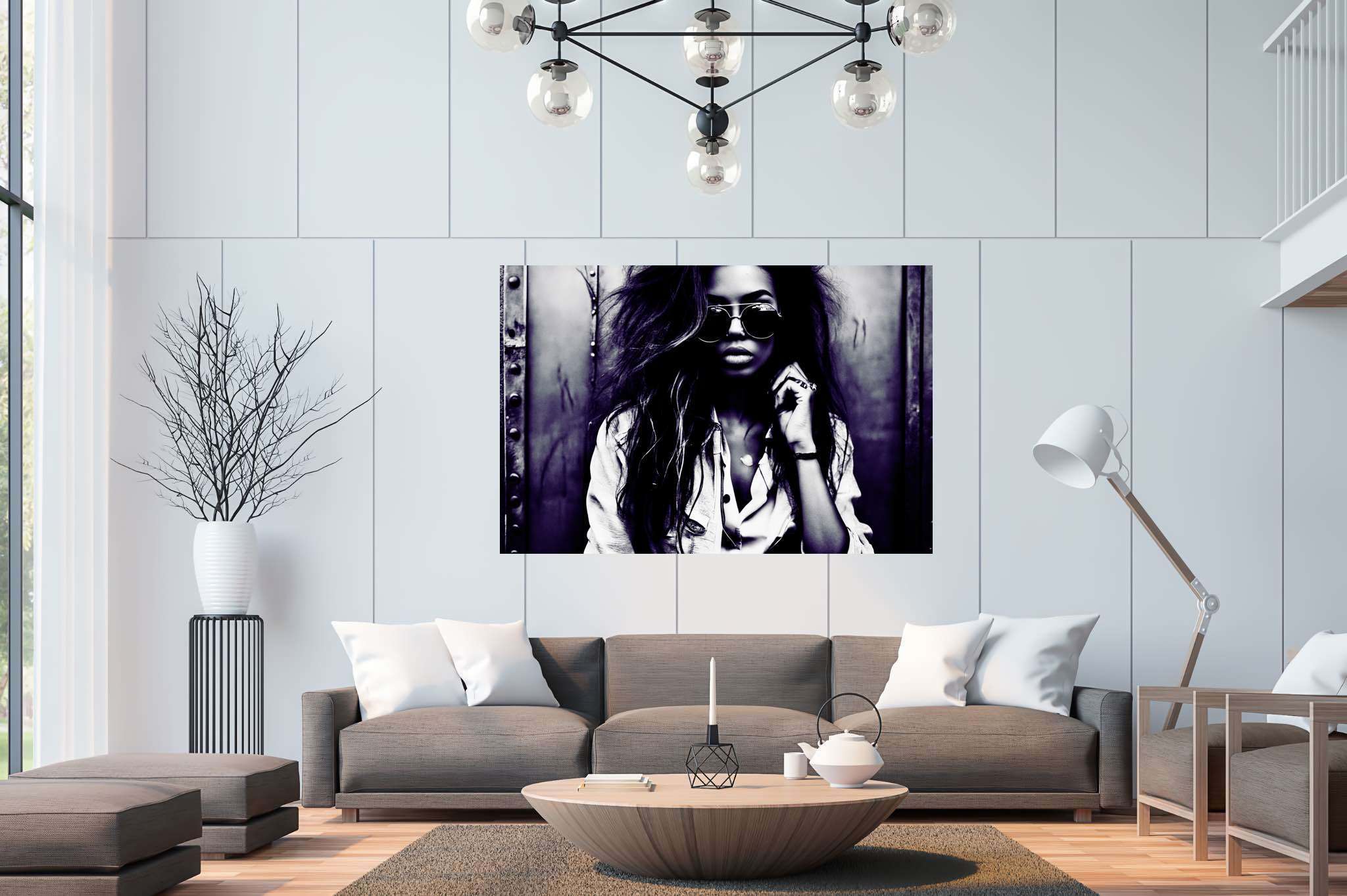 Silhouetted riddles in monochrome: Sunglasses art with colorful accessories, in a room with chic decor, gallery-quality artwork, and artisan decor. The art can be printed on poster, framed poster, canvas, metal, acrylic or wood, exclusively at WallArtZen. Find this exact print at https://wallartzen.com/waz45