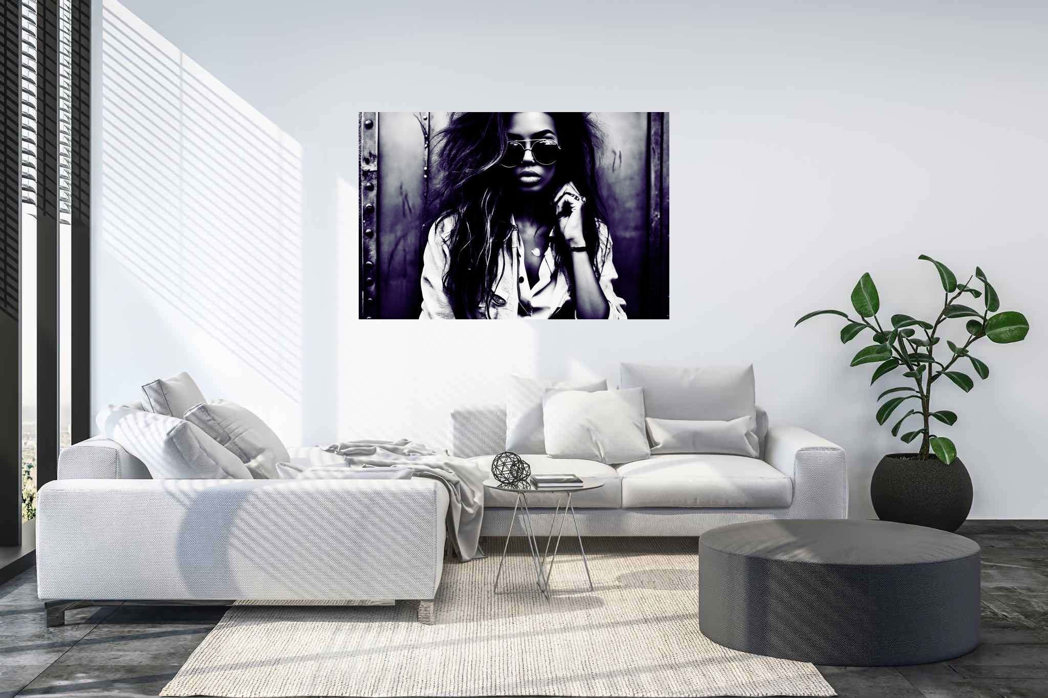 Silhouetted riddles in monochrome: Sunglasses art with sunglasses art, in a room with urban design, wall art, and home styling items. The art can be printed on poster, framed poster, canvas, metal, acrylic or wood, exclusively at WallArtZen. Find this exact print at https://wallartzen.com/waz45