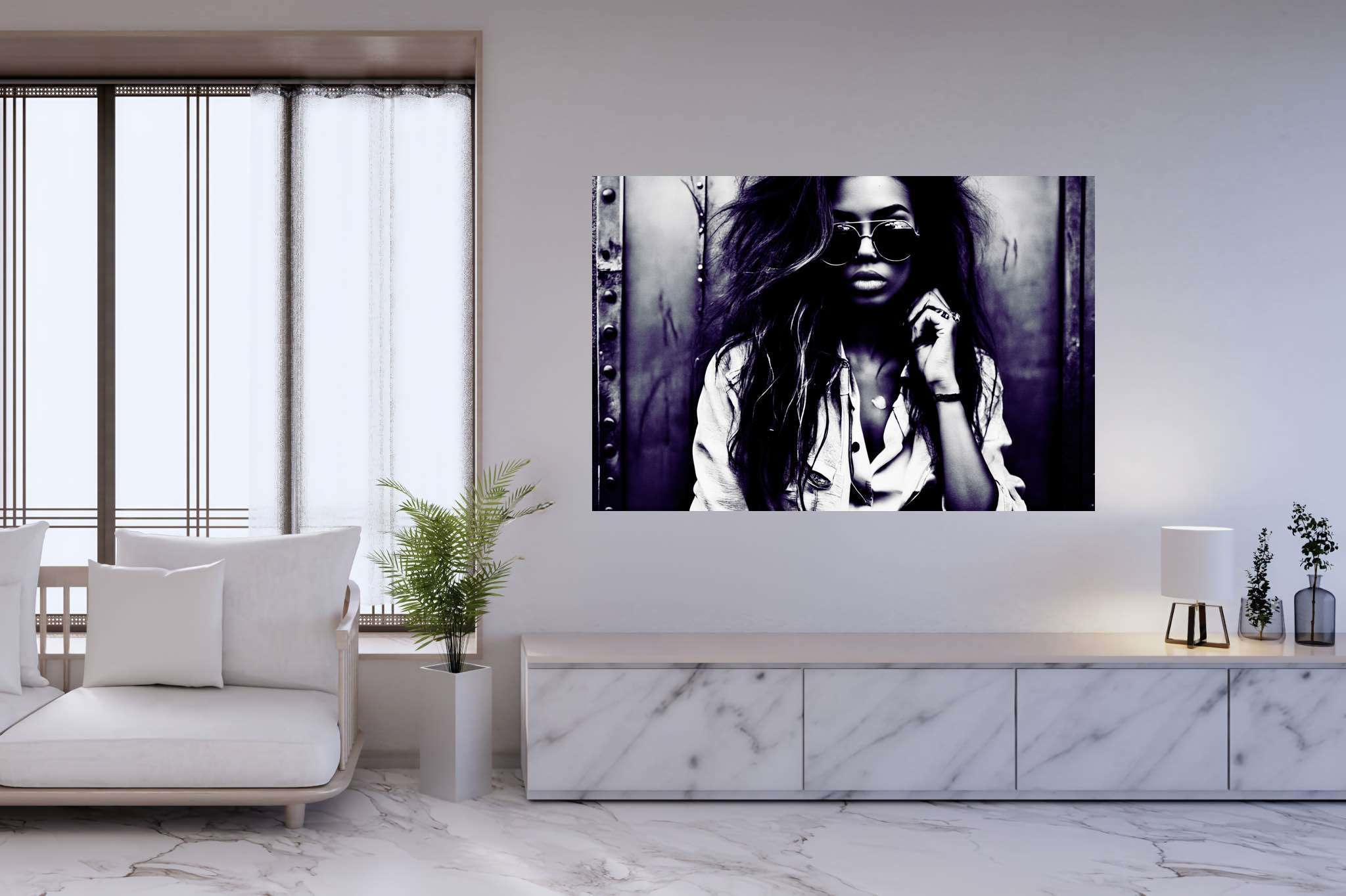 Silhouetted riddles in monochrome: Sunglasses art with colorful accessories, in a room with urban design, fine art prints, and designer furniture. The art can be printed on poster, framed poster, canvas, metal, acrylic or wood, exclusively at WallArtZen. Find this exact print at https://wallartzen.com/waz45