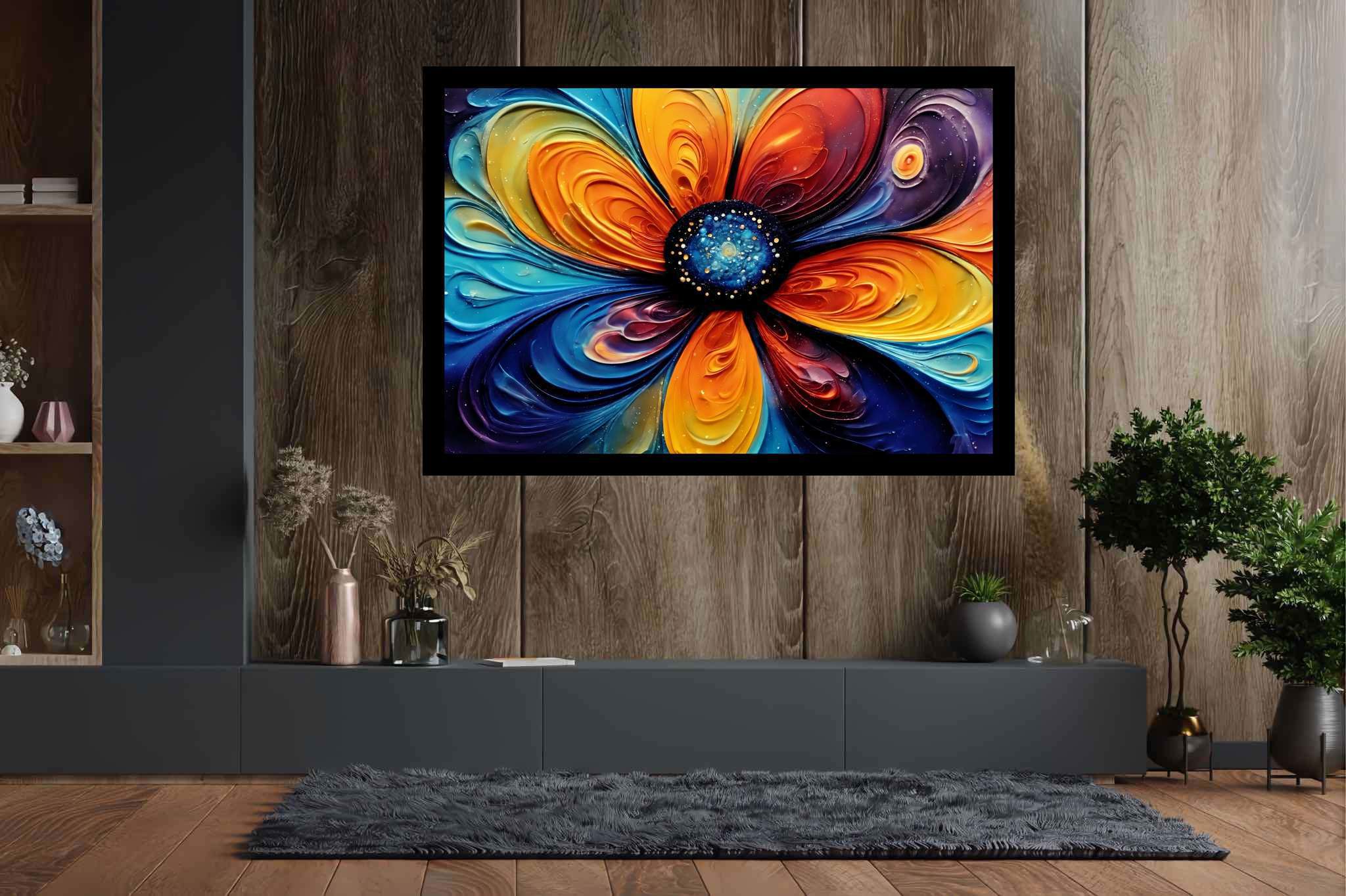 Bloom vortex serenade: Vibrant flower art with vibrant flower photography, in a room with artistic style, fine art prints, and trendy home accents. The art can be printed on poster, framed poster, canvas, metal, acrylic or wood, exclusively at WallArtZen. Find this exact print at https://wallartzen.com/waz46