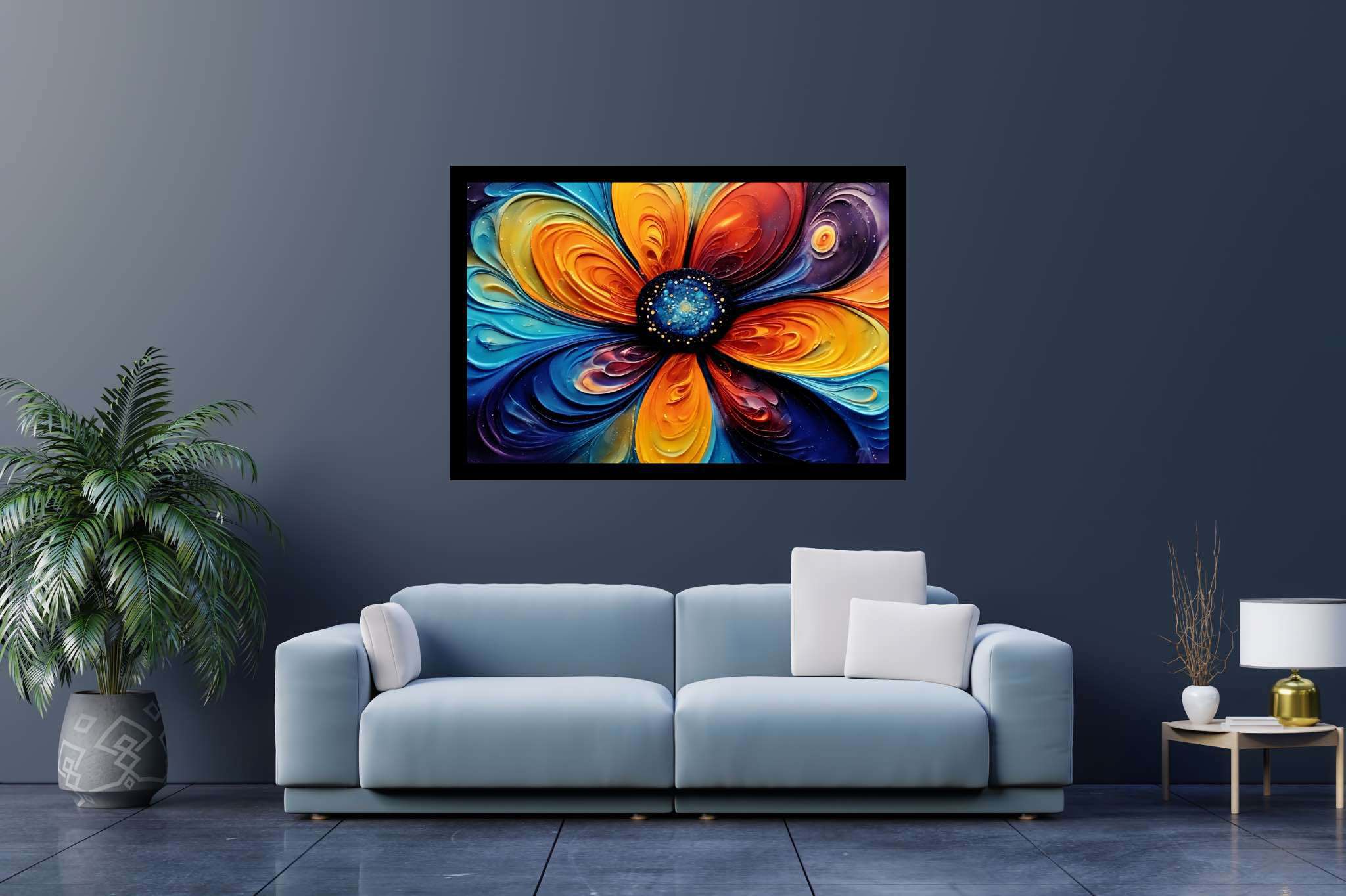 Bloom vortex serenade: Vibrant flower art with vibrant flower prints, in a room with elegant layout, digital art pieces, and designer furniture. The art can be printed on poster, framed poster, canvas, metal, acrylic or wood, exclusively at WallArtZen. Find this exact print at https://wallartzen.com/waz46