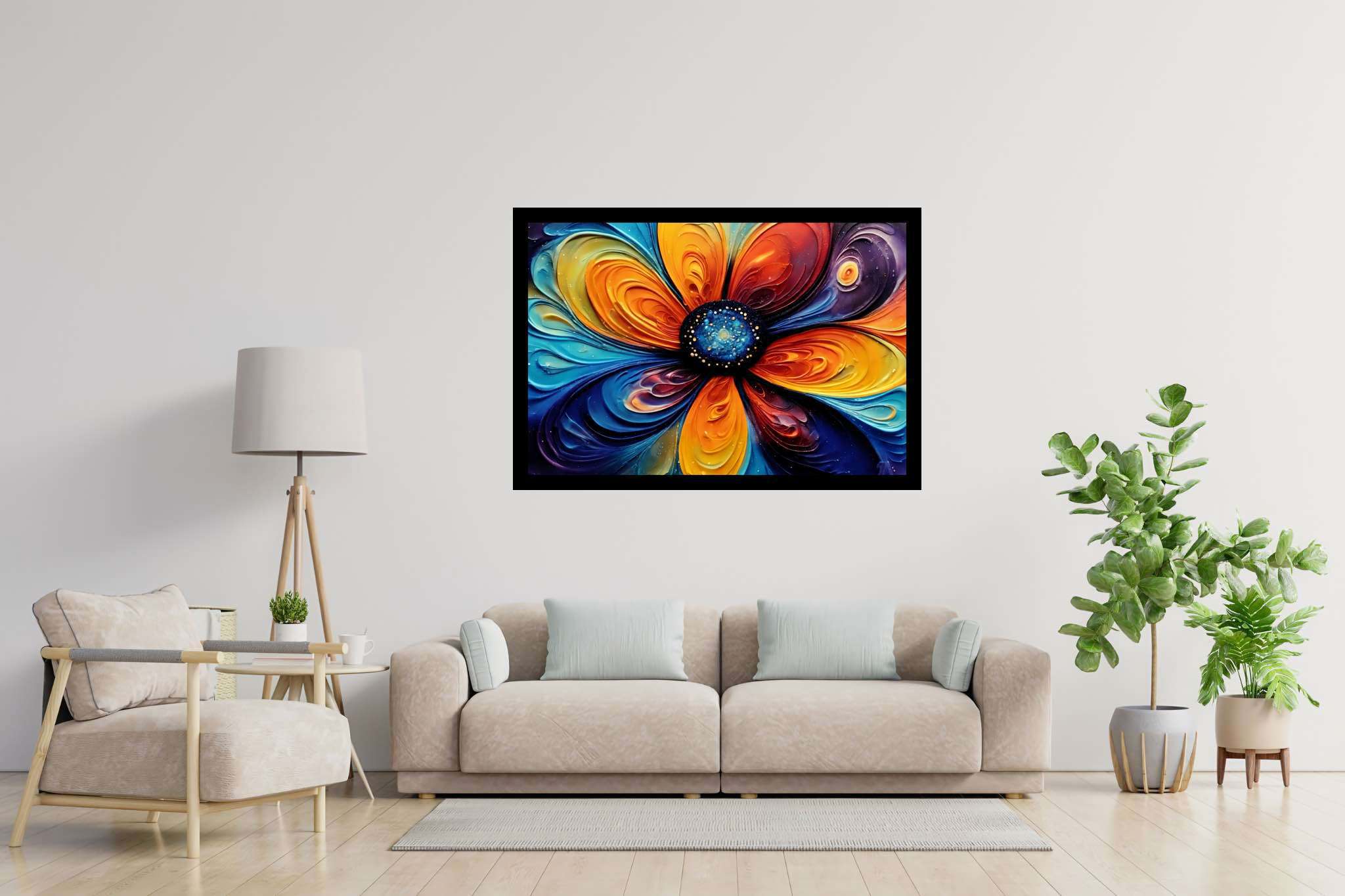 Bloom vortex serenade: Vibrant flower art with vibrant flower photography, in a room with minimalist approach, abstract paintings, and elegant home goods. The art can be printed on poster, framed poster, canvas, metal, acrylic or wood, exclusively at WallArtZen. Find this exact print at https://wallartzen.com/waz46