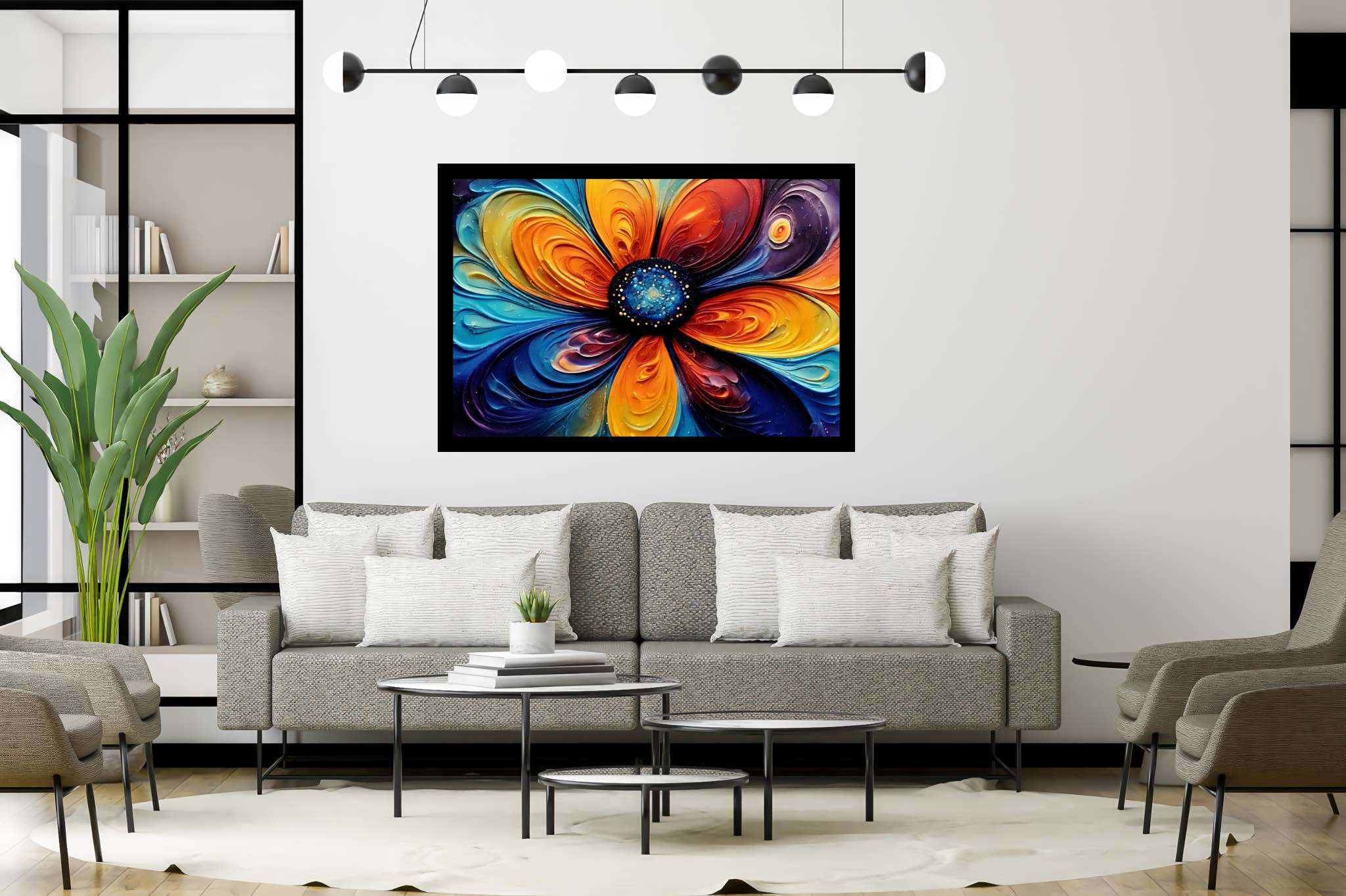 Bloom vortex serenade: Vibrant flower art with vibrant flower photography, in a room with great design, mural artworks, and designer furniture. The art can be printed on poster, framed poster, canvas, metal, acrylic or wood, exclusively at WallArtZen. Find this exact print at https://wallartzen.com/waz46