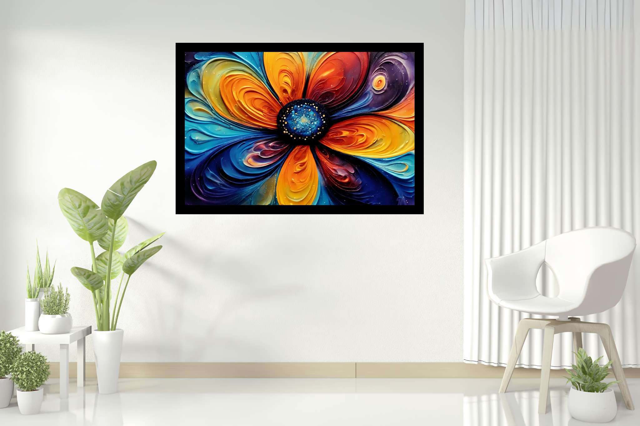 Bloom vortex serenade: Vibrant flower art with vibrant botanical prints, in a room with contemporary flair, digital art pieces, and artisan decor. The art can be printed on poster, framed poster, canvas, metal, acrylic or wood, exclusively at WallArtZen. Find this exact print at https://wallartzen.com/waz46