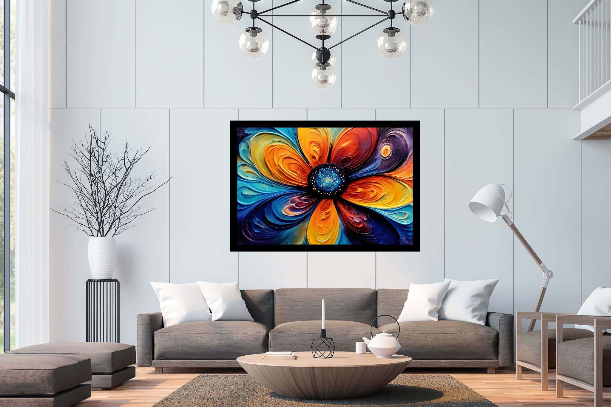 Bloom vortex serenade: Vibrant flower art with vibrant flower arrangements, in a room with minimalist approach, bespoke art designs, and elegant home goods. The art can be printed on poster, framed poster, canvas, metal, acrylic or wood, exclusively at WallArtZen. Find this exact print at https://wallartzen.com/waz46