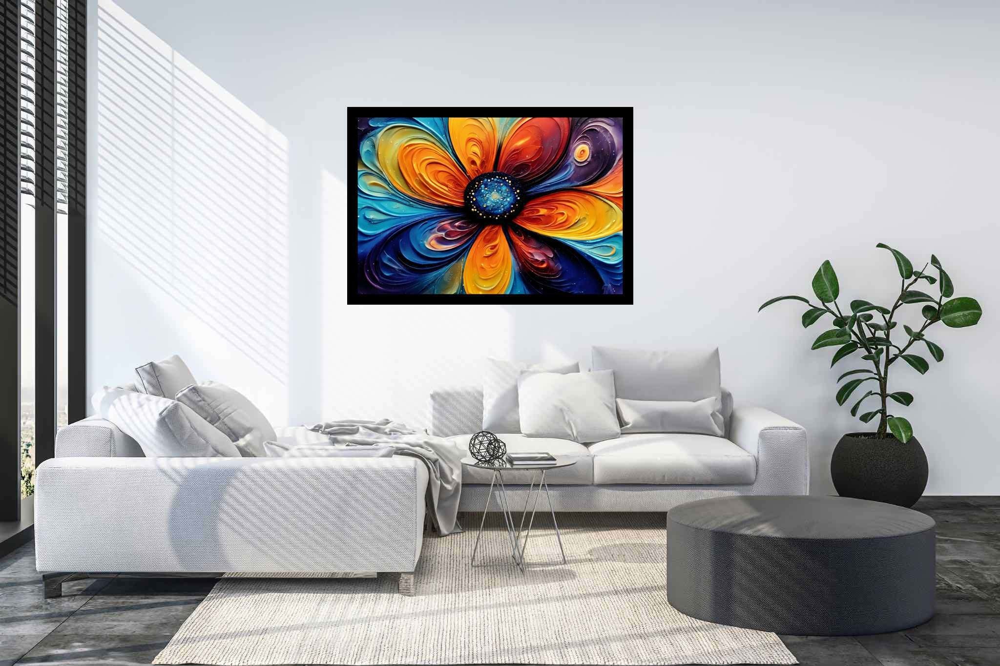 Bloom vortex serenade: Vibrant flower art with vibrant flower arrangements, in a room with modern style, digital art pieces, and elegant home goods. The art can be printed on poster, framed poster, canvas, metal, acrylic or wood, exclusively at WallArtZen. Find this exact print at https://wallartzen.com/waz46