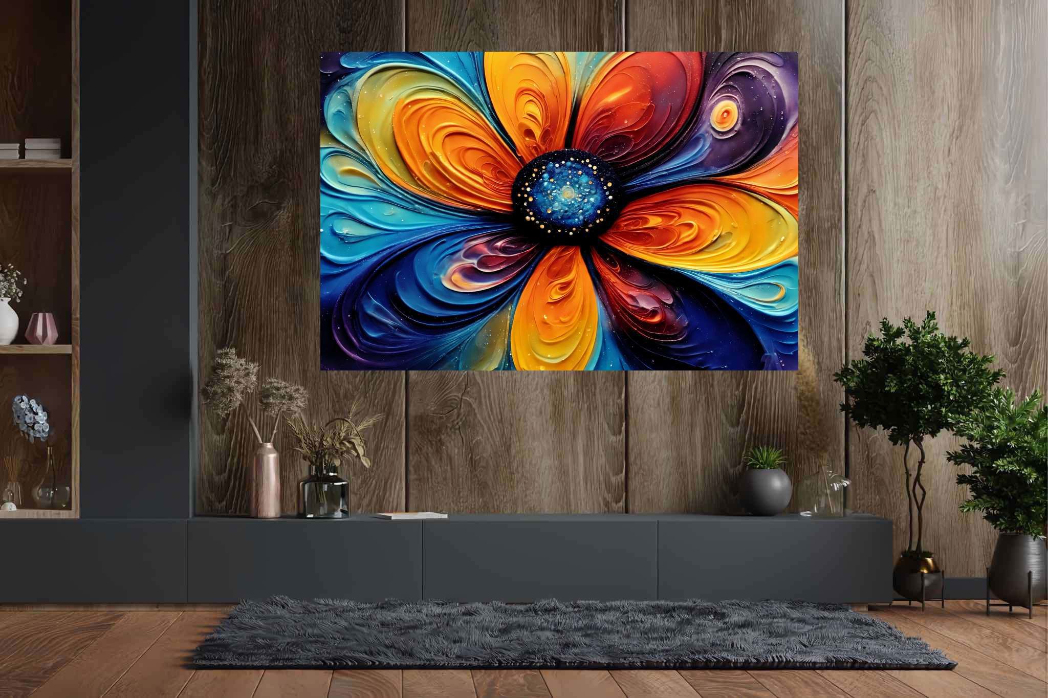 Bloom vortex serenade: Vibrant flower art with vibrant flower canvases, in a room with chic decor, framed art, and stylish accessories. The art can be printed on poster, framed poster, canvas, metal, acrylic or wood, exclusively at WallArtZen. Find this exact print at https://wallartzen.com/waz46