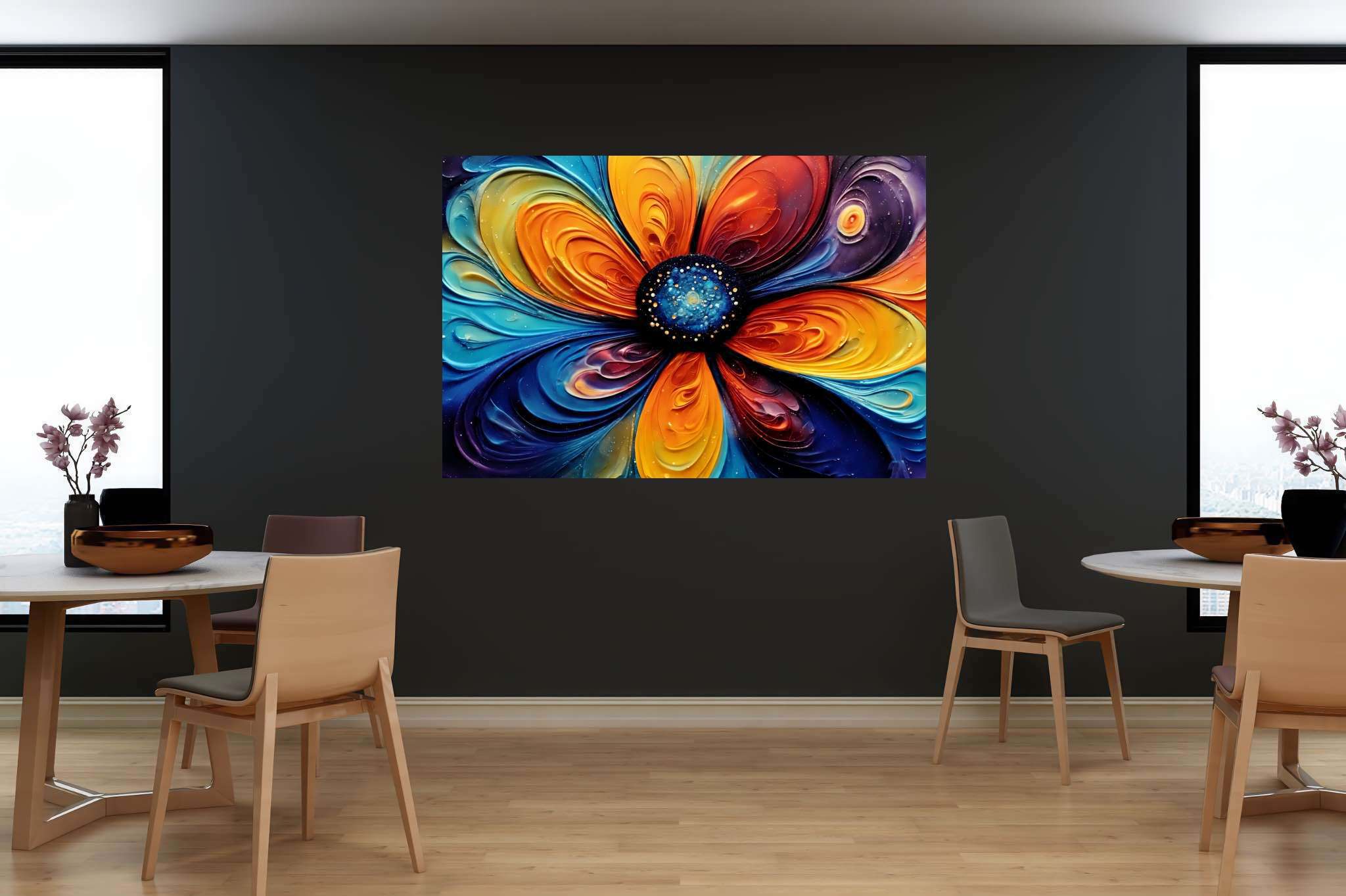 Bloom vortex serenade: Vibrant flower art with vibrant flower prints, in a room with minimalist approach, digital art pieces, and designer furniture. The art can be printed on poster, framed poster, canvas, metal, acrylic or wood, exclusively at WallArtZen. Find this exact print at https://wallartzen.com/waz46