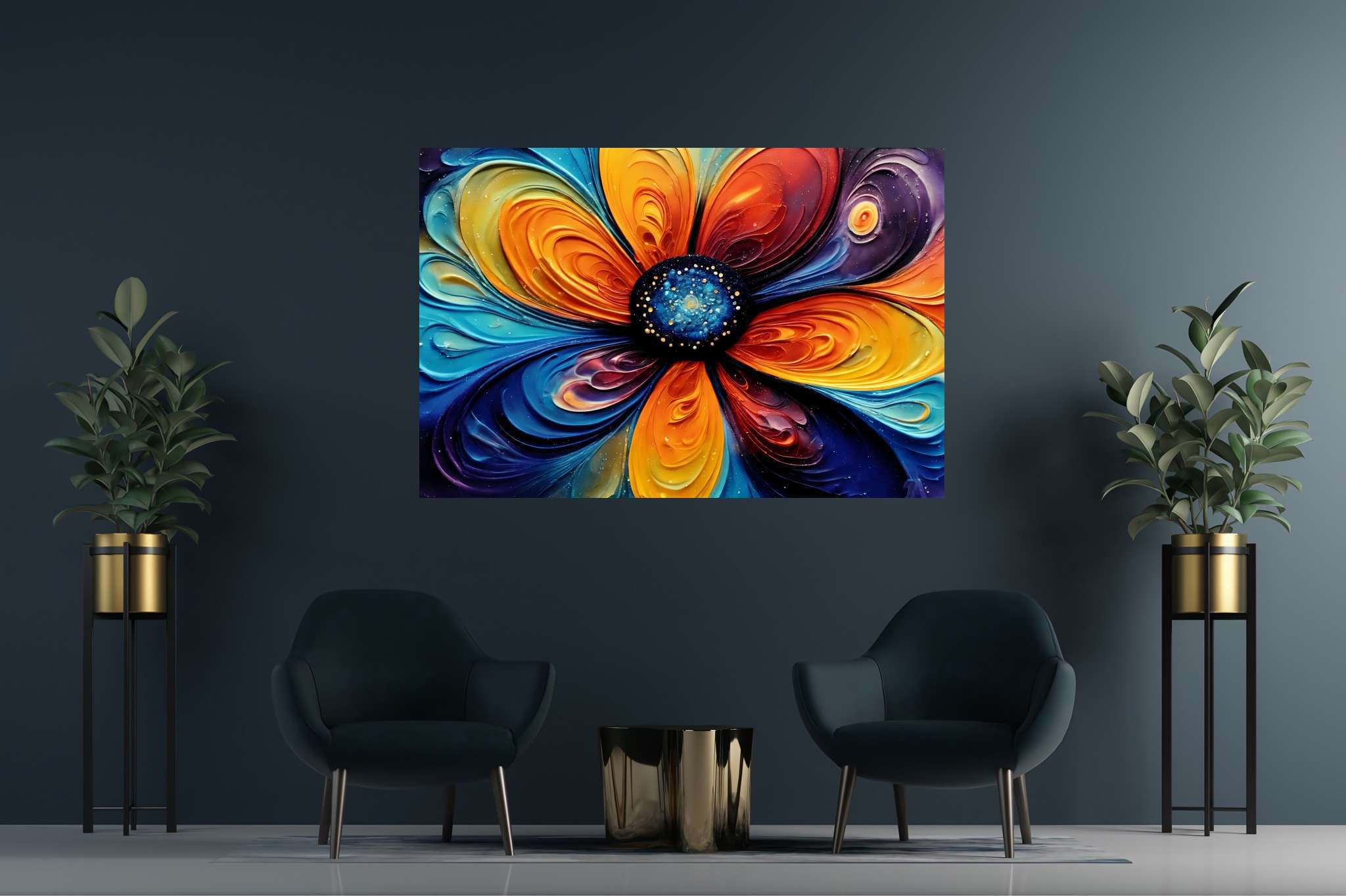 Bloom vortex serenade: Vibrant flower art with vibrant flower artwork, in a room with great design, framed art, and elegant home goods. The art can be printed on poster, framed poster, canvas, metal, acrylic or wood, exclusively at WallArtZen. Find this exact print at https://wallartzen.com/waz46