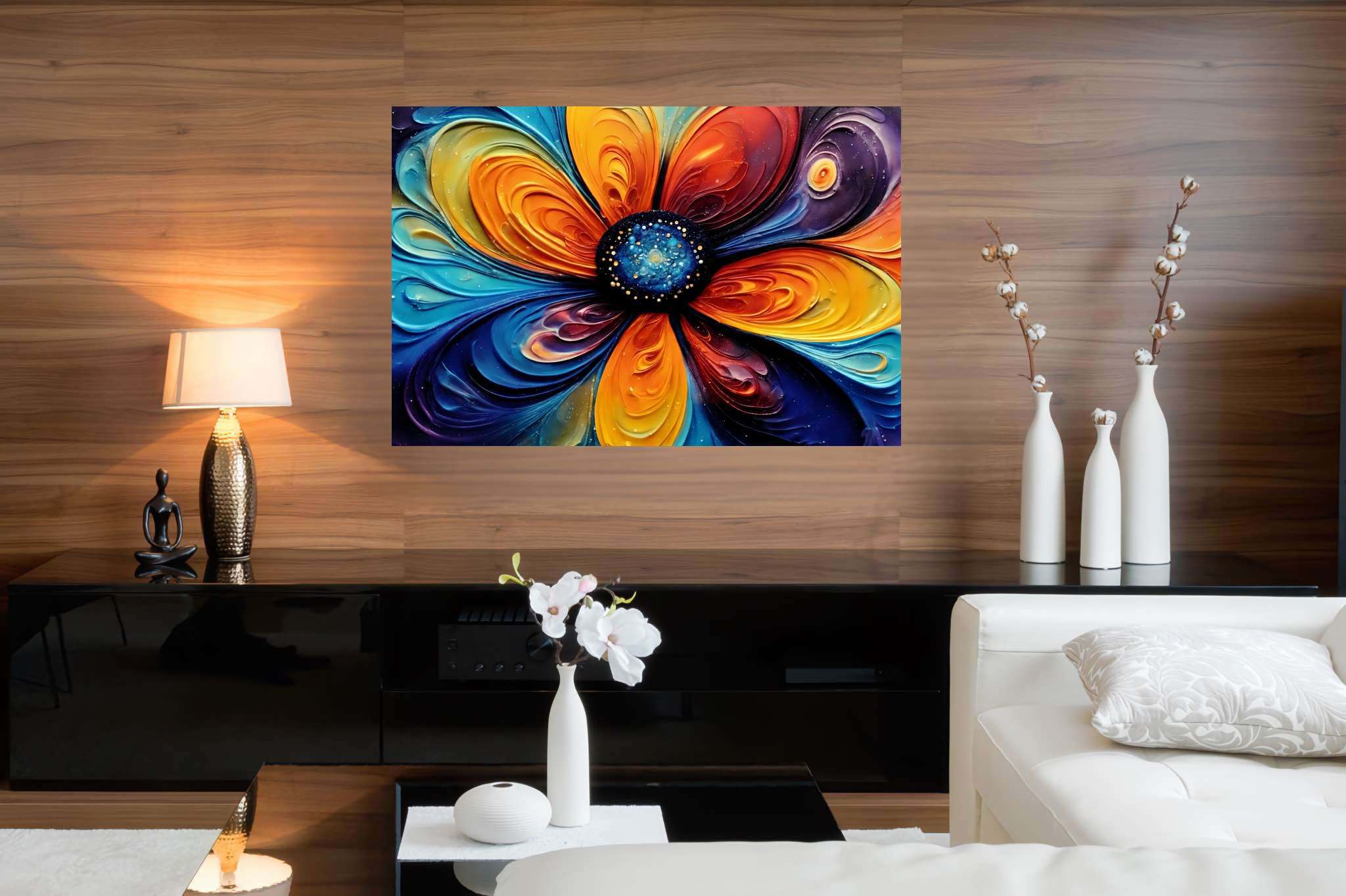 Bloom vortex serenade: Vibrant flower art with vibrant floral masterpieces, in a room with contemporary flair, wall hangings, and home styling items. The art can be printed on poster, framed poster, canvas, metal, acrylic or wood, exclusively at WallArtZen. Find this exact print at https://wallartzen.com/waz46