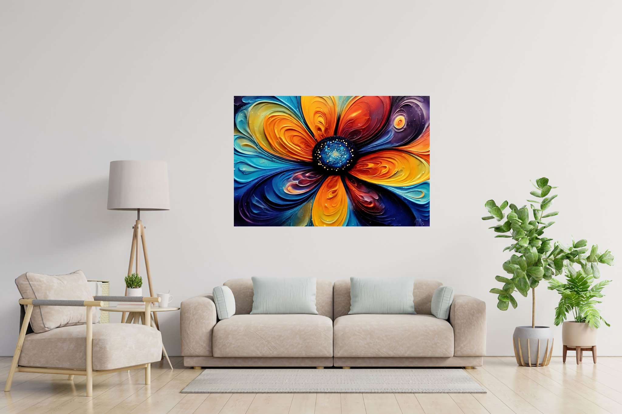 Bloom vortex serenade: Vibrant flower art with vibrant flower canvases, in a room with innovative layout, mural artworks, and designer furniture. The art can be printed on poster, framed poster, canvas, metal, acrylic or wood, exclusively at WallArtZen. Find this exact print at https://wallartzen.com/waz46