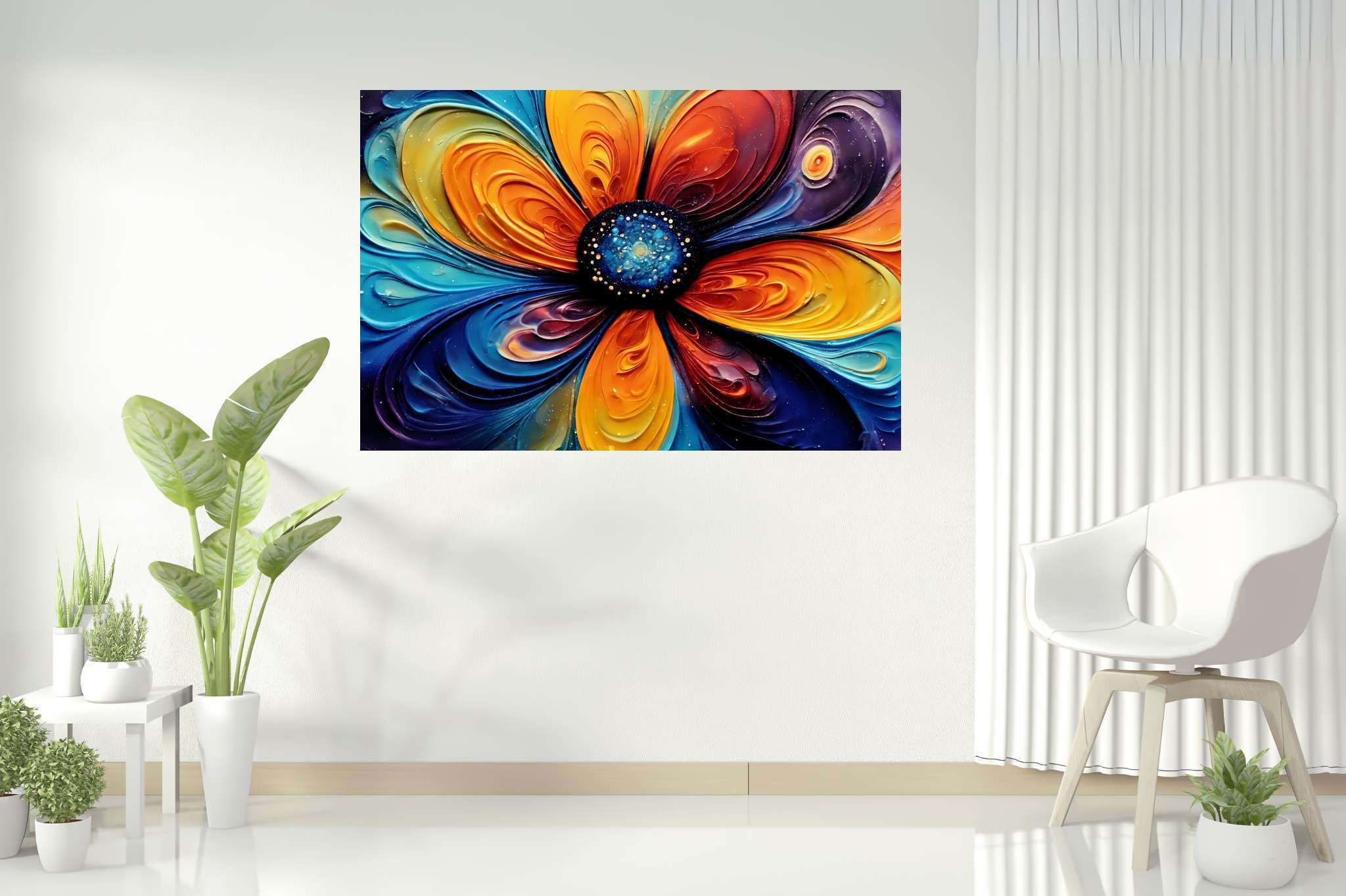 Bloom vortex serenade: Vibrant flower art with colorful floral paintings, in a room with chic decor, fine art prints, and home styling items. The art can be printed on poster, framed poster, canvas, metal, acrylic or wood, exclusively at WallArtZen. Find this exact print at https://wallartzen.com/waz46