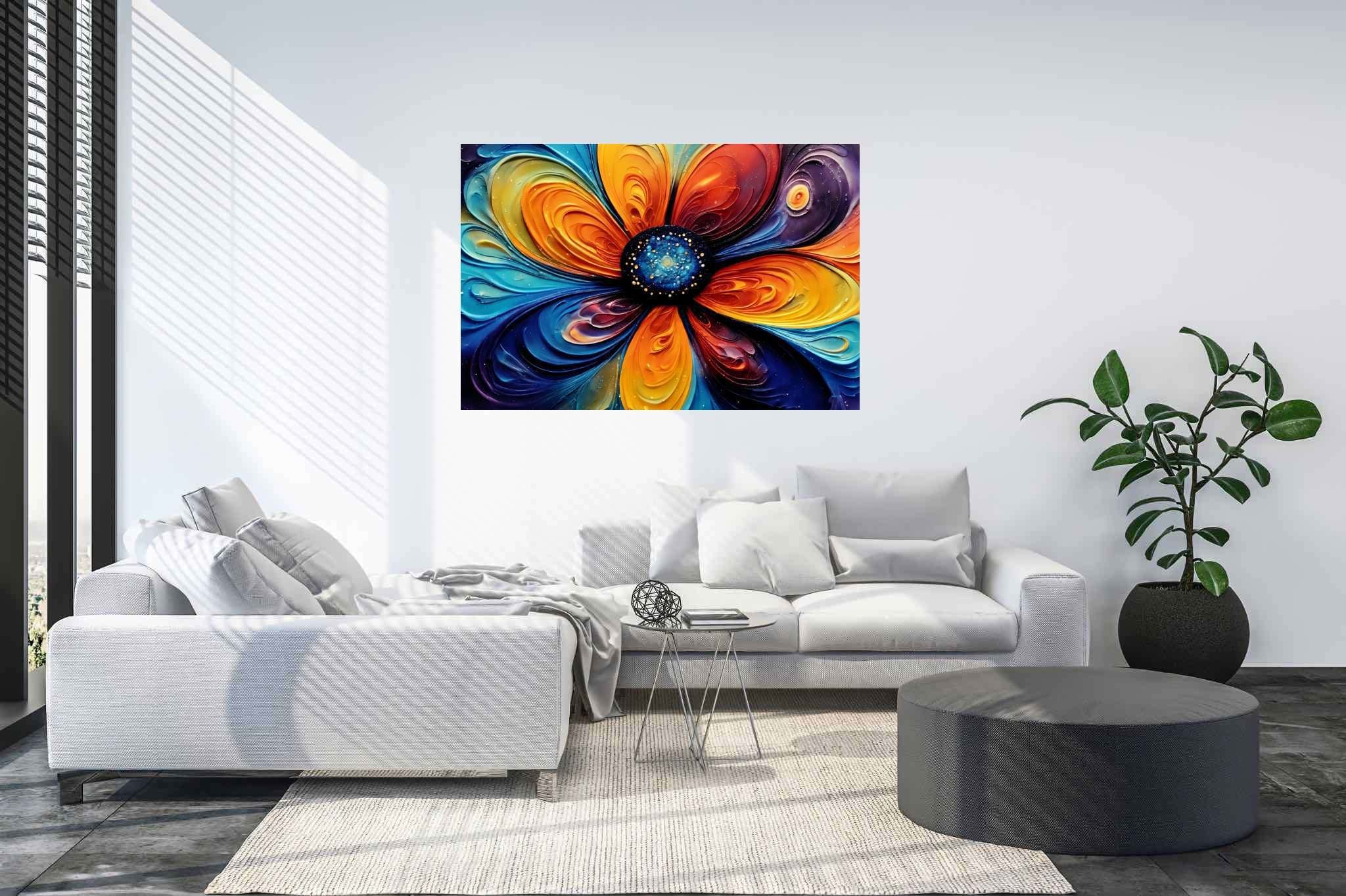 Bloom vortex serenade: Vibrant flower art with vibrant flower canvases, in a room with classic elegance, bespoke art designs, and decorative pieces. The art can be printed on poster, framed poster, canvas, metal, acrylic or wood, exclusively at WallArtZen. Find this exact print at https://wallartzen.com/waz46