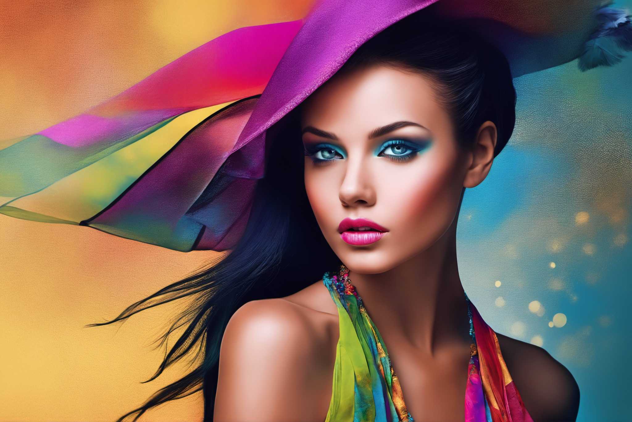 Spectrum in silhouette: Colorful hat art with colorful headgear, in a room with classic elegance, digital art pieces, and luxe decor. The art can be printed on poster, framed poster, canvas, metal, acrylic or wood, exclusively at WallArtZen. Find this exact print at https://wallartzen.com/waz47