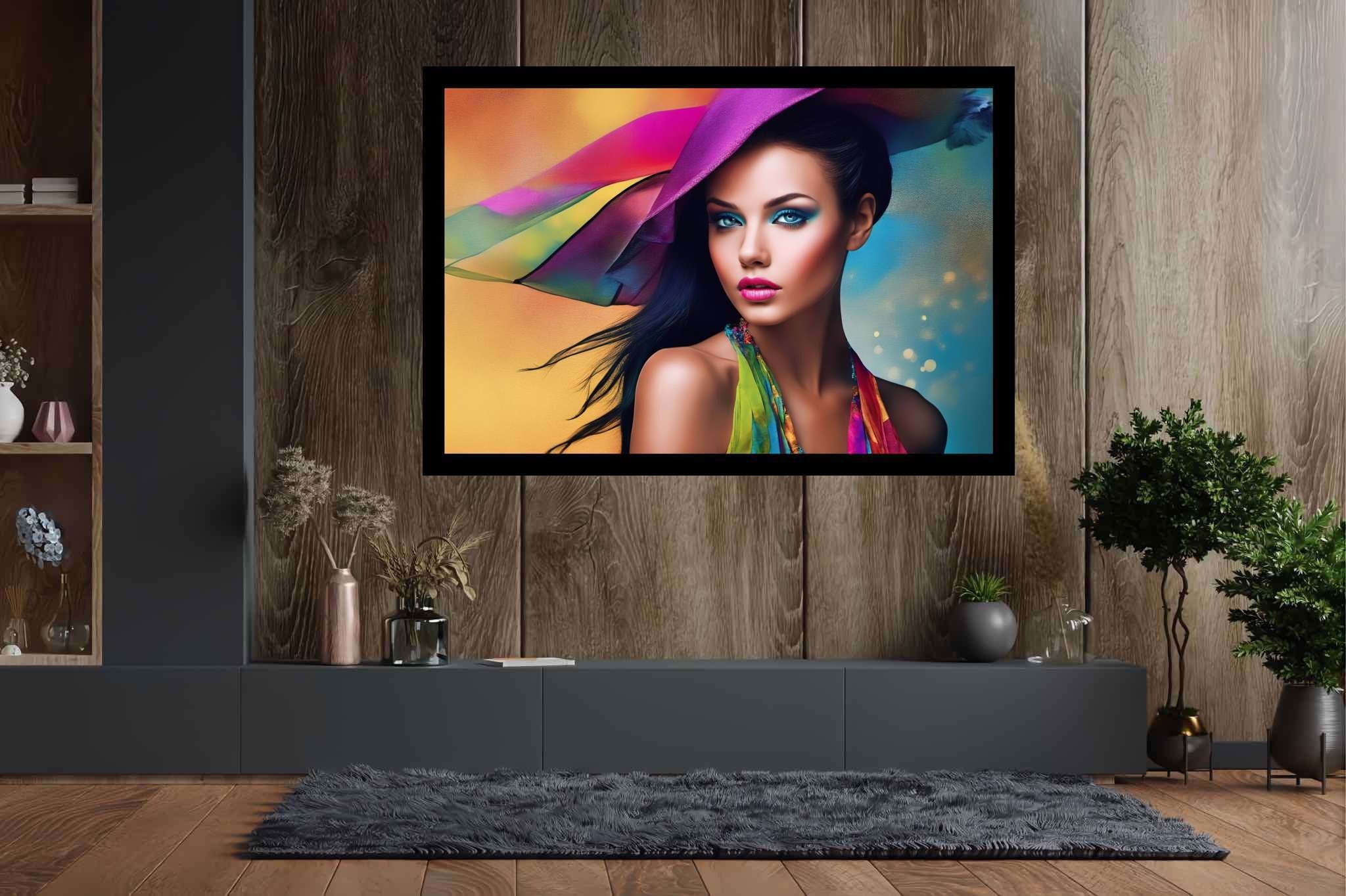 Spectrum in silhouette: Colorful hat art with artistic headpiece, in a room with chic decor, digital art pieces, and decorative pieces. The art can be printed on poster, framed poster, canvas, metal, acrylic or wood, exclusively at WallArtZen. Find this exact print at https://wallartzen.com/waz47