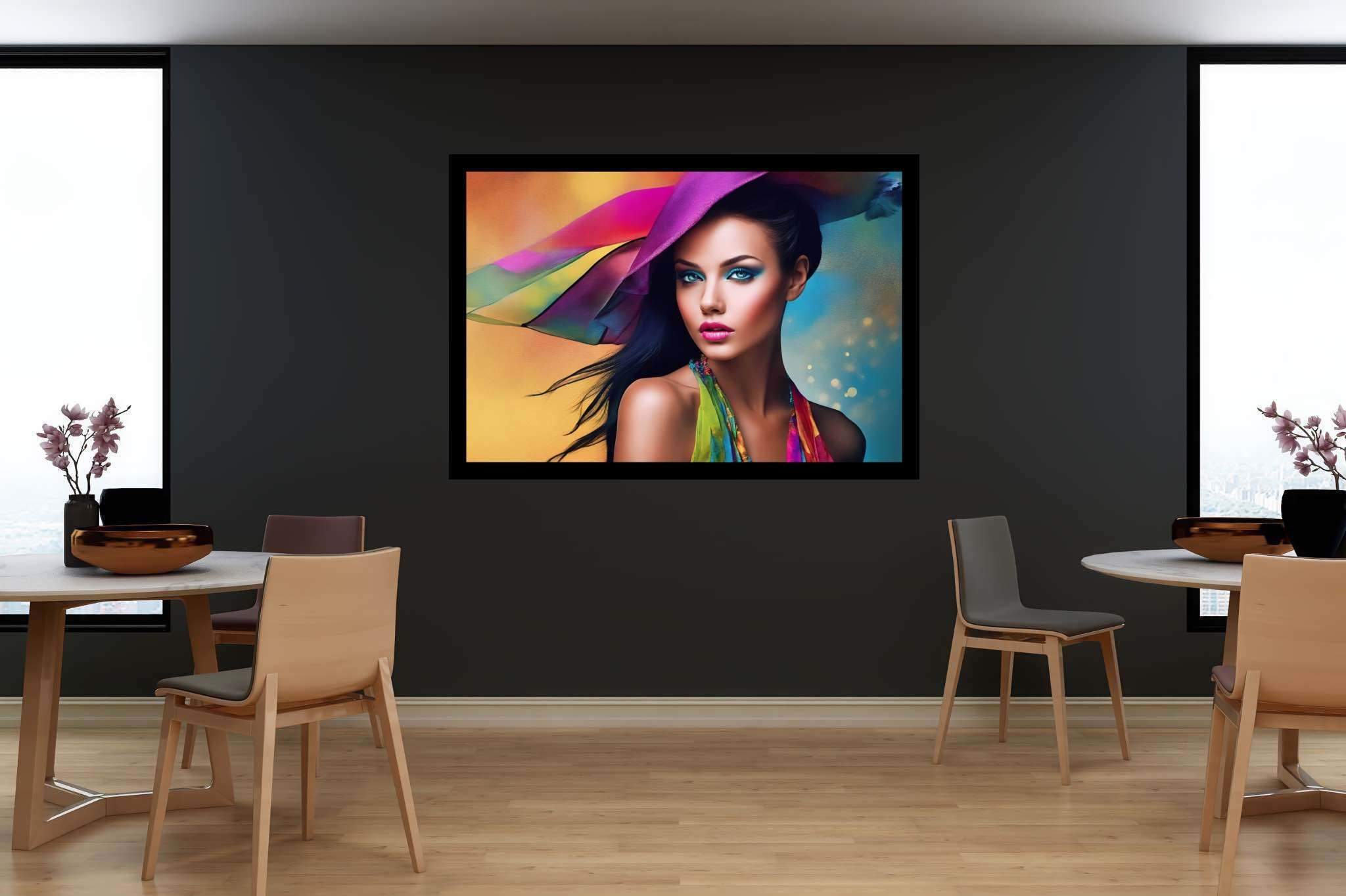 Spectrum in silhouette: Colorful hat art with hat with vibrant colors, in a room with minimalist approach, mural artworks, and artisan decor. The art can be printed on poster, framed poster, canvas, metal, acrylic or wood, exclusively at WallArtZen. Find this exact print at https://wallartzen.com/waz47