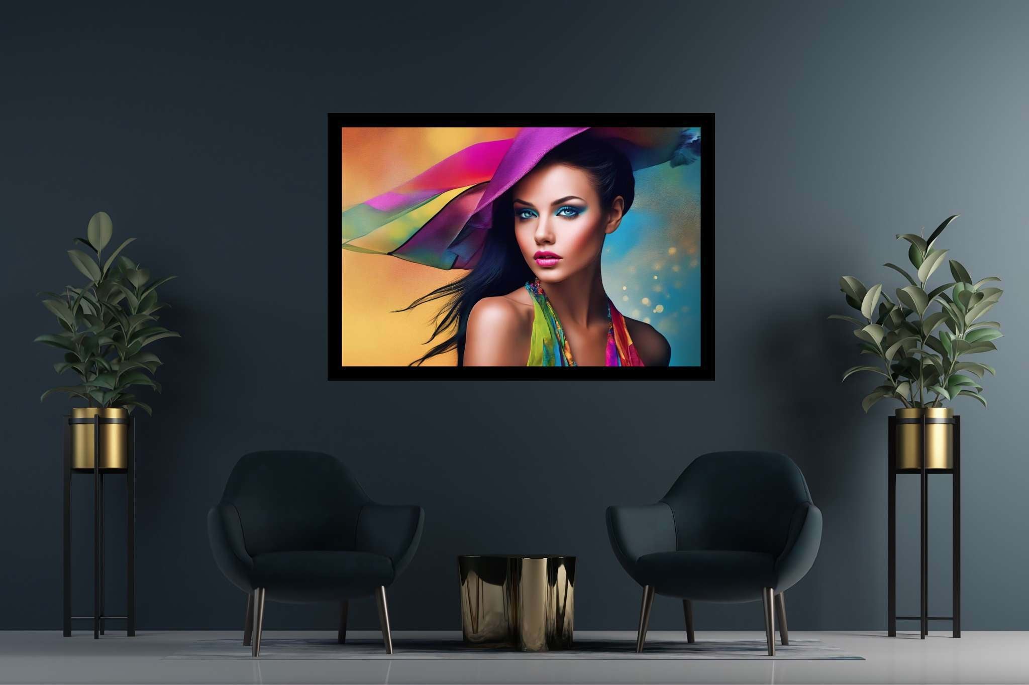 Spectrum in silhouette: Colorful hat art with vibrant hat design, in a room with contemporary flair, mural artworks, and artisan decor. The art can be printed on poster, framed poster, canvas, metal, acrylic or wood, exclusively at WallArtZen. Find this exact print at https://wallartzen.com/waz47