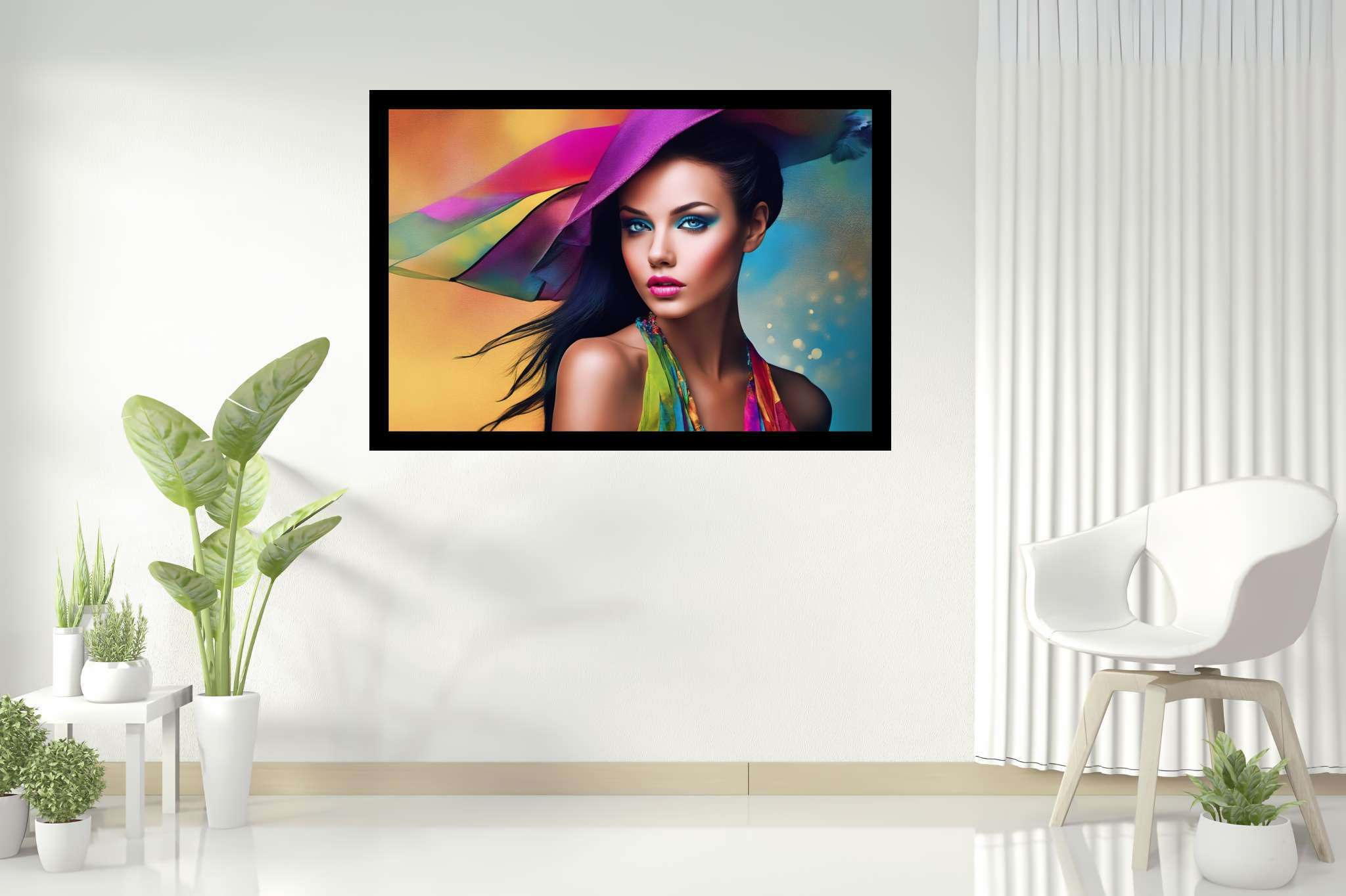Spectrum in silhouette: Colorful hat art with unique hat design, in a room with classic elegance, wall hangings, and elegant home goods. The art can be printed on poster, framed poster, canvas, metal, acrylic or wood, exclusively at WallArtZen. Find this exact print at https://wallartzen.com/waz47