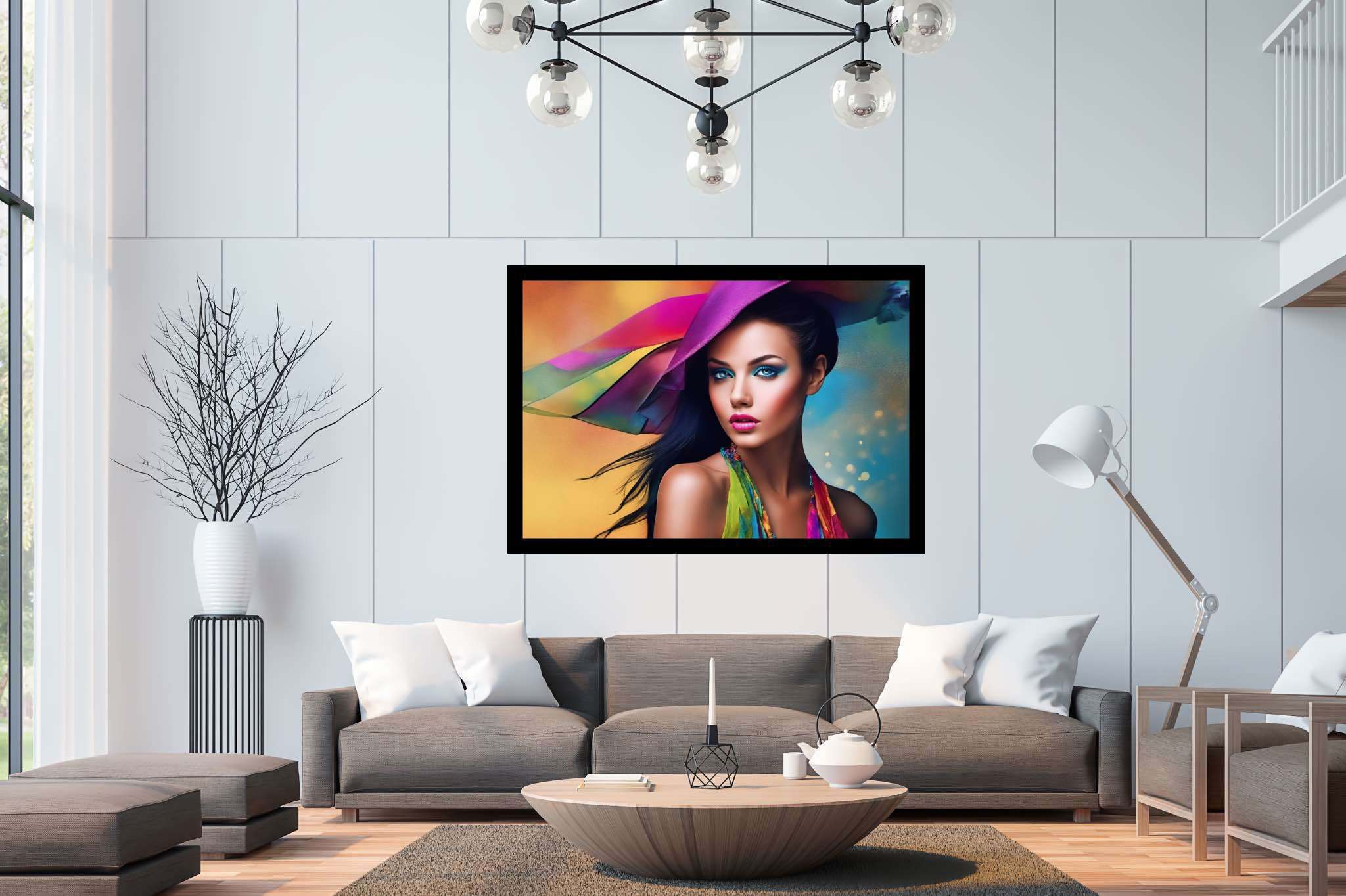 Spectrum in silhouette: Colorful hat art with vibrant headpiece inspiration, in a room with classic elegance, canvas prints, and home styling items. The art can be printed on poster, framed poster, canvas, metal, acrylic or wood, exclusively at WallArtZen. Find this exact print at https://wallartzen.com/waz47