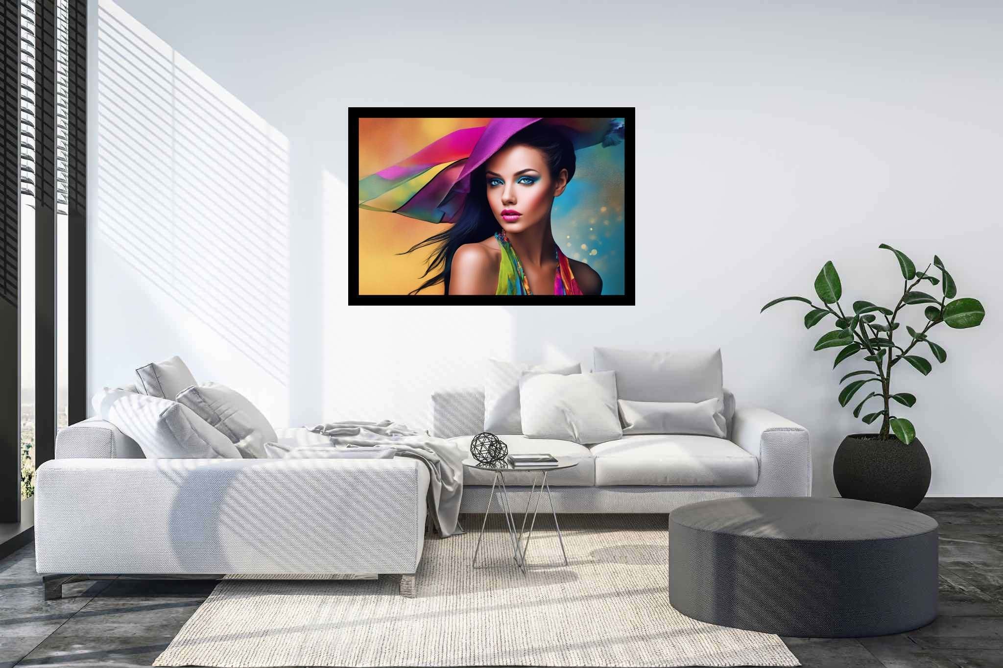 Spectrum in silhouette: Colorful hat art with colorful headgear, in a room with chic decor, fine art prints, and trendy home accents. The art can be printed on poster, framed poster, canvas, metal, acrylic or wood, exclusively at WallArtZen. Find this exact print at https://wallartzen.com/waz47