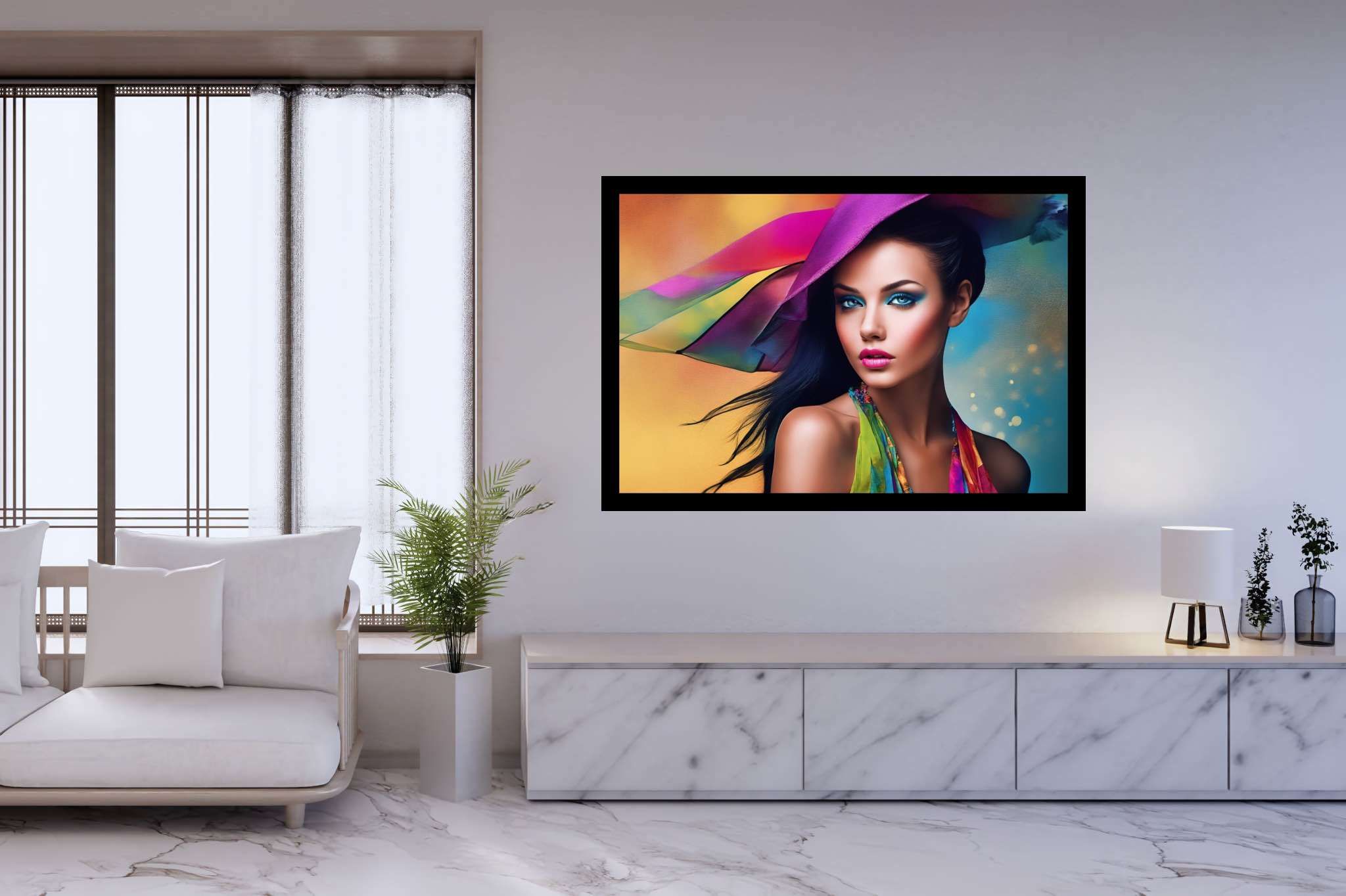Spectrum in silhouette: Colorful hat art with artistic hat creation, in a room with artistic style, bespoke art designs, and artisan decor. The art can be printed on poster, framed poster, canvas, metal, acrylic or wood, exclusively at WallArtZen. Find this exact print at https://wallartzen.com/waz47