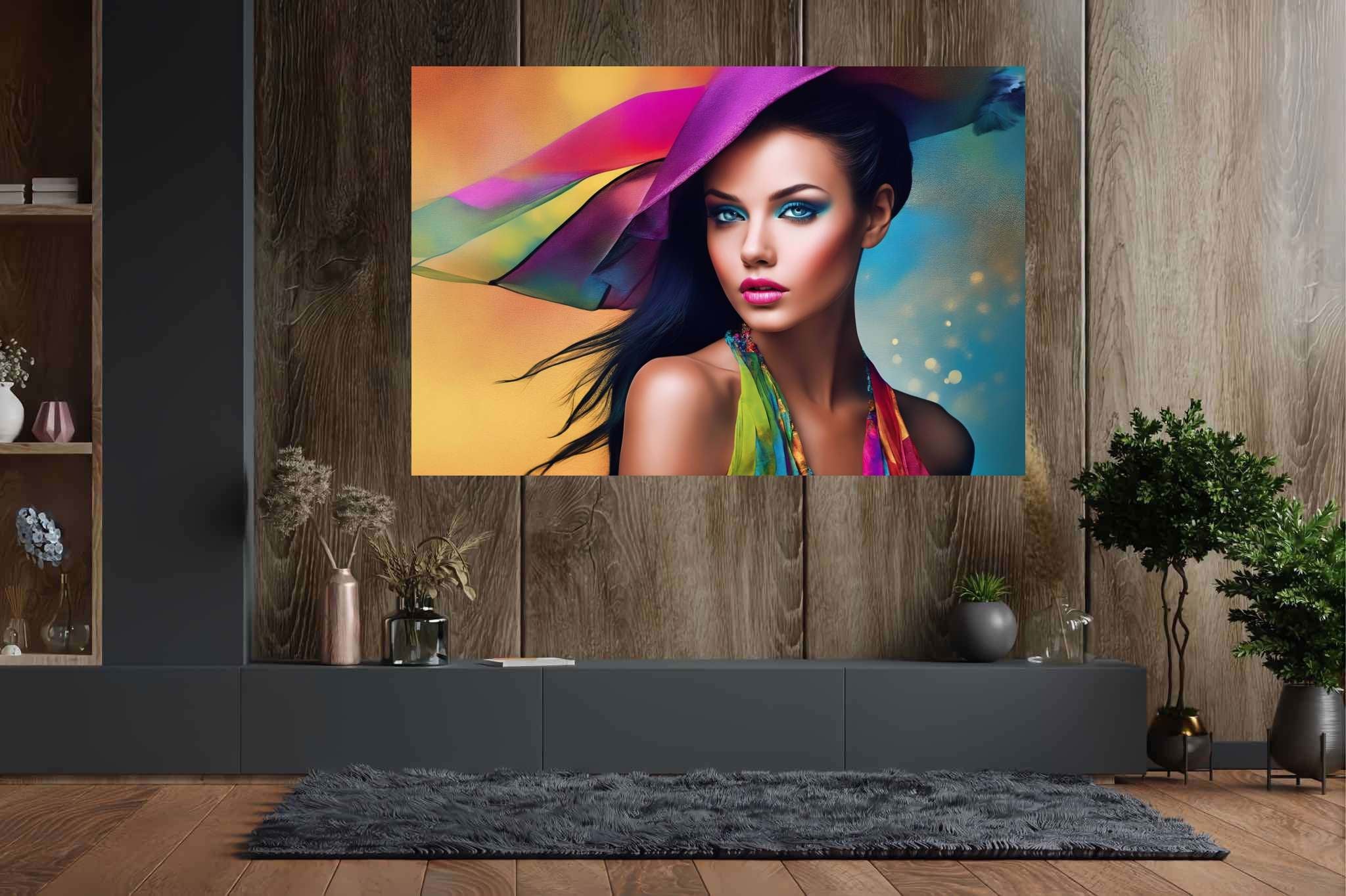 Spectrum in silhouette: Colorful hat art with colorful hat masterpiece, in a room with urban design, wall hangings, and home styling items. The art can be printed on poster, framed poster, canvas, metal, acrylic or wood, exclusively at WallArtZen. Find this exact print at https://wallartzen.com/waz47