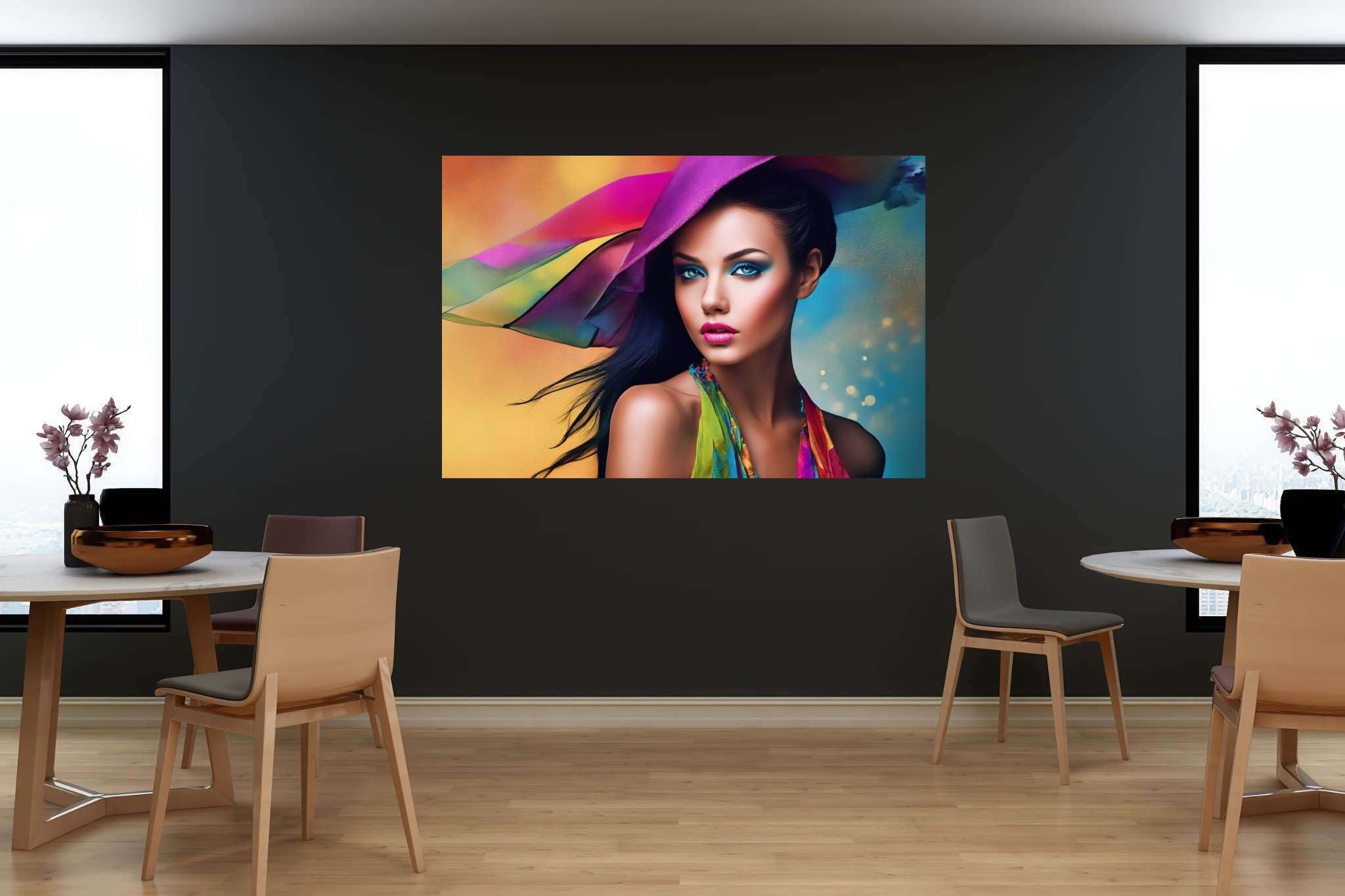 Spectrum in silhouette: Colorful hat art with hat with vibrant colors, in a room with classic elegance, wall hangings, and trendy home accents. The art can be printed on poster, framed poster, canvas, metal, acrylic or wood, exclusively at WallArtZen. Find this exact print at https://wallartzen.com/waz47