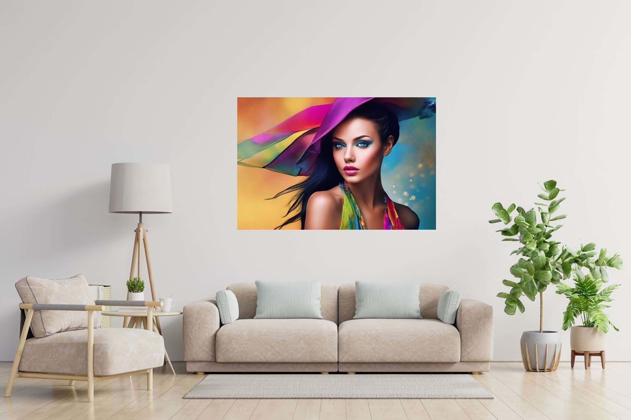 Spectrum in silhouette: Colorful hat art with colorful hat masterpiece, in a room with minimalist approach, bespoke art designs, and home styling items. The art can be printed on poster, framed poster, canvas, metal, acrylic or wood, exclusively at WallArtZen. Find this exact print at https://wallartzen.com/waz47