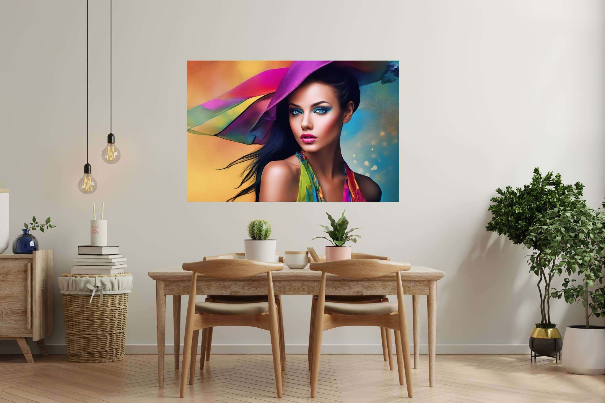 Spectrum in silhouette: Colorful hat art with vibrant headwear design, in a room with urban design, mural artworks, and luxe decor. The art can be printed on poster, framed poster, canvas, metal, acrylic or wood, exclusively at WallArtZen. Find this exact print at https://wallartzen.com/waz47