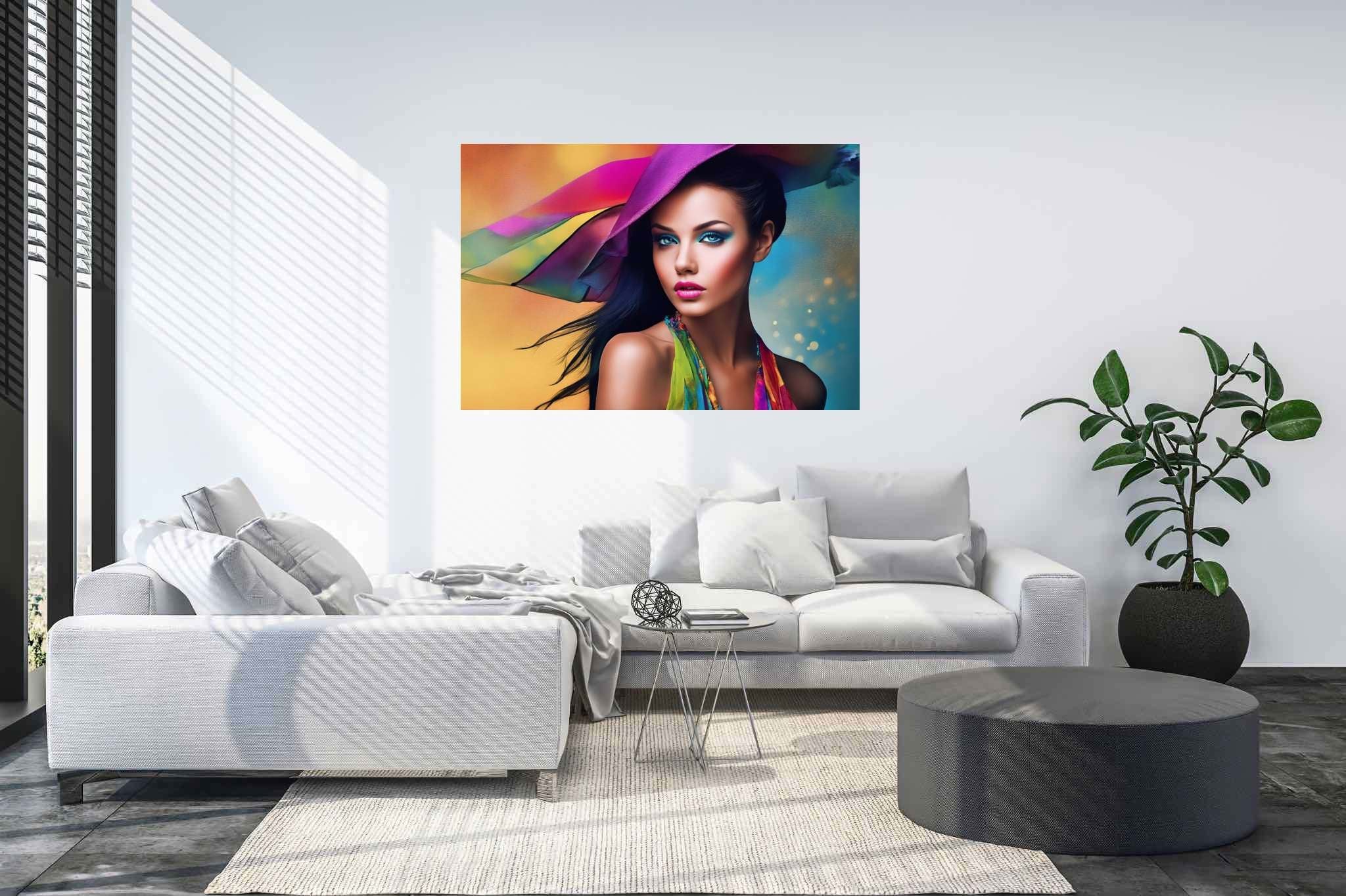 Spectrum in silhouette: Colorful hat art with hat with vibrant colors, in a room with urban design, canvas prints, and stylish accessories. The art can be printed on poster, framed poster, canvas, metal, acrylic or wood, exclusively at WallArtZen. Find this exact print at https://wallartzen.com/waz47