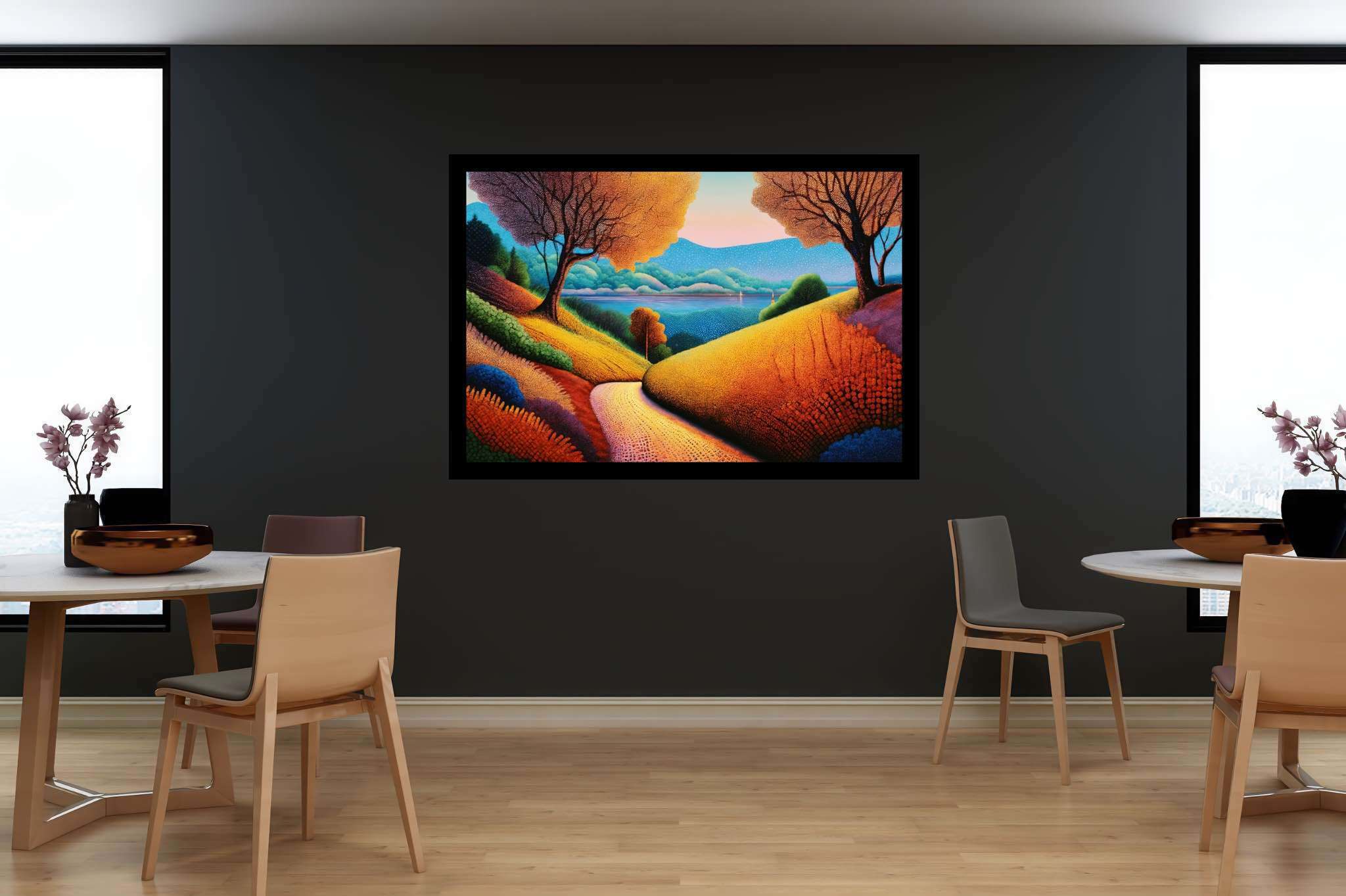 Twilight's embrace: nature's ballet: Vibrant landscape art with bold landscape artwork, in a room with chic decor, wall hangings, and elegant home goods. The art can be printed on poster, framed poster, canvas, metal, acrylic or wood, exclusively at WallArtZen. Find this exact print at https://wallartzen.com/waz48