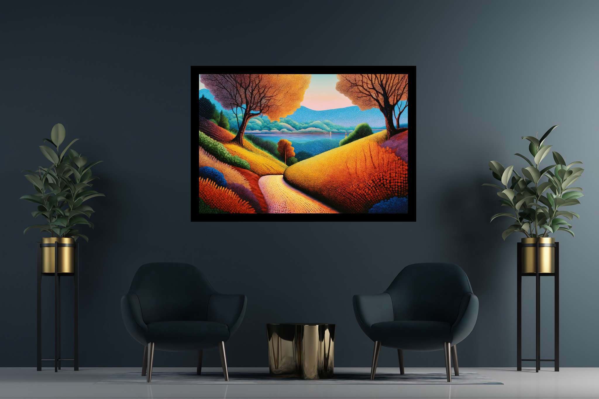 Twilight's embrace: nature's ballet: Vibrant landscape art with dynamic nature scenery, in a room with innovative layout, canvas prints, and home furnishings. The art can be printed on poster, framed poster, canvas, metal, acrylic or wood, exclusively at WallArtZen. Find this exact print at https://wallartzen.com/waz48
