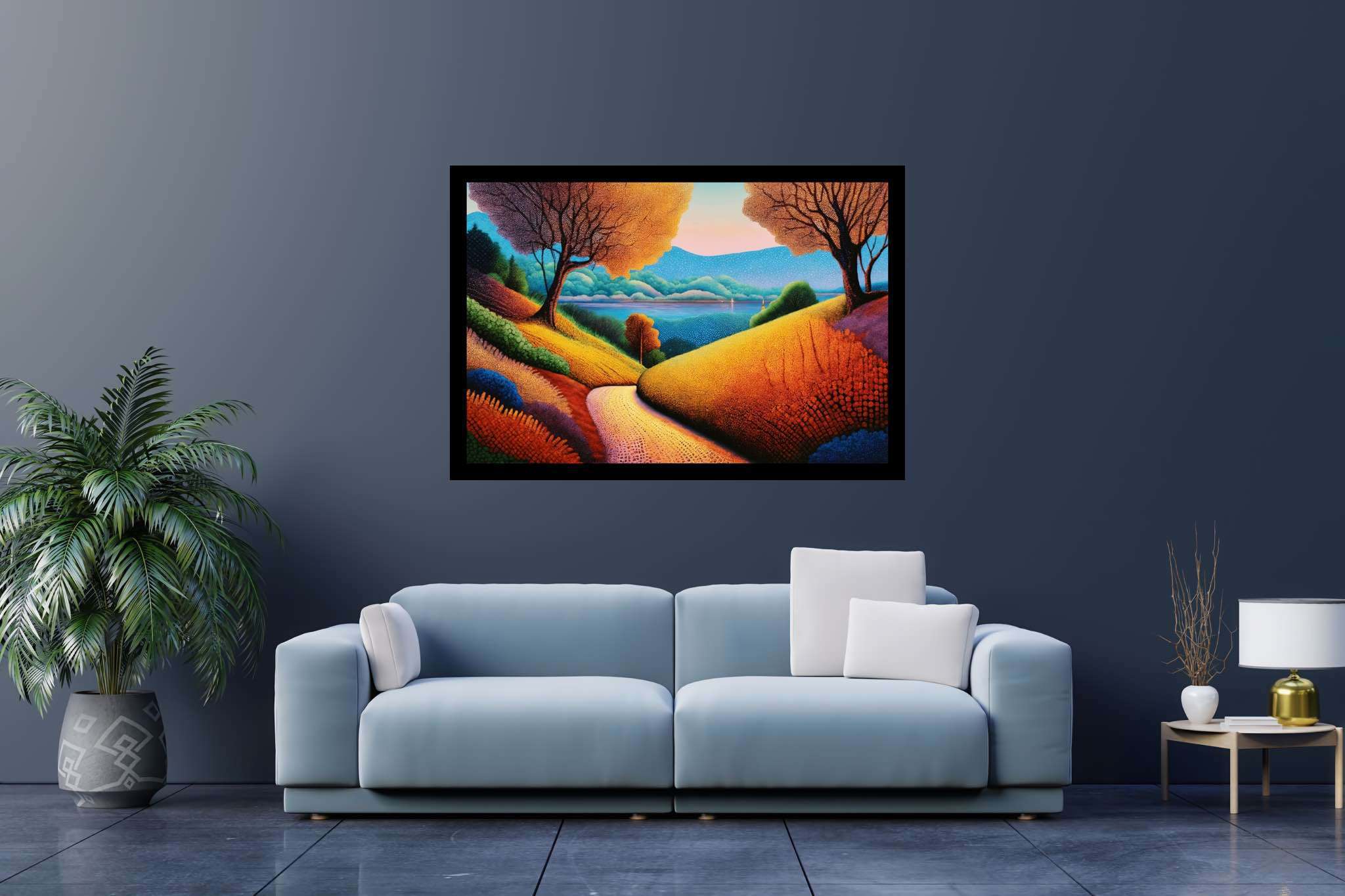 Twilight's embrace: nature's ballet: Vibrant landscape art with energetic landscape paintings, in a room with chic decor, fine art prints, and decorative pieces. The art can be printed on poster, framed poster, canvas, metal, acrylic or wood, exclusively at WallArtZen. Find this exact print at https://wallartzen.com/waz48