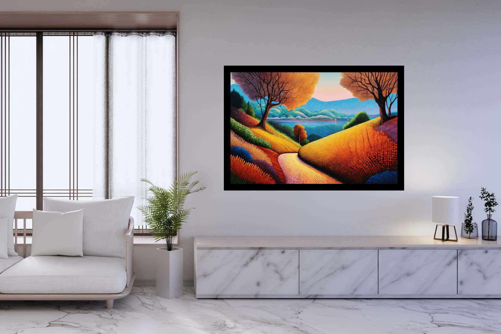 Twilight's embrace: nature's ballet: Vibrant landscape art with vibrant scenic artwork, in a room with classic elegance, gallery-quality artwork, and artisan decor. The art can be printed on poster, framed poster, canvas, metal, acrylic or wood, exclusively at WallArtZen. Find this exact print at https://wallartzen.com/waz48