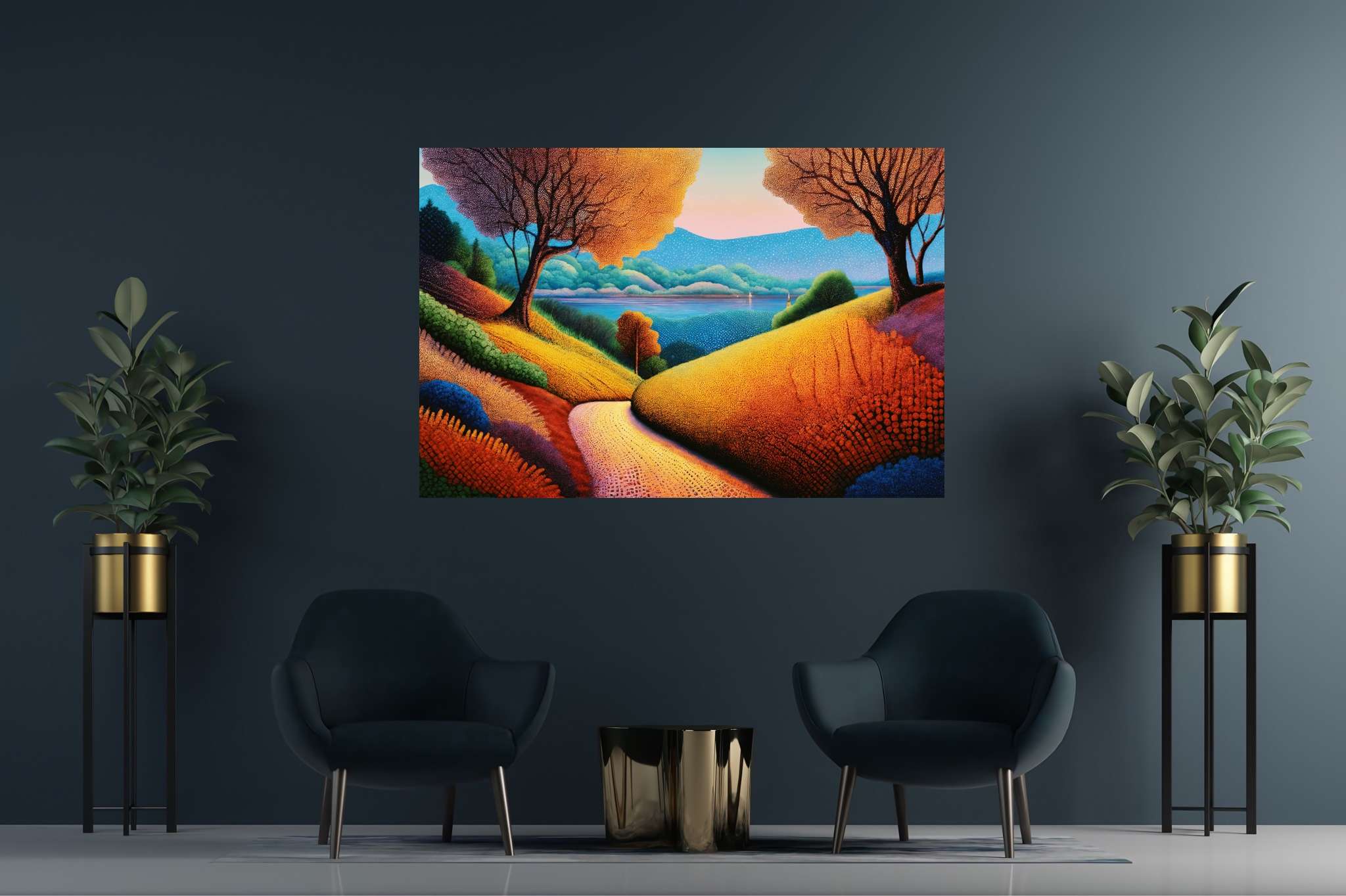 Twilight's embrace: nature's ballet: Vibrant landscape art with vibrant countryside paintings, in a room with innovative layout, bespoke art designs, and home styling items. The art can be printed on poster, framed poster, canvas, metal, acrylic or wood, exclusively at WallArtZen. Find this exact print at https://wallartzen.com/waz48