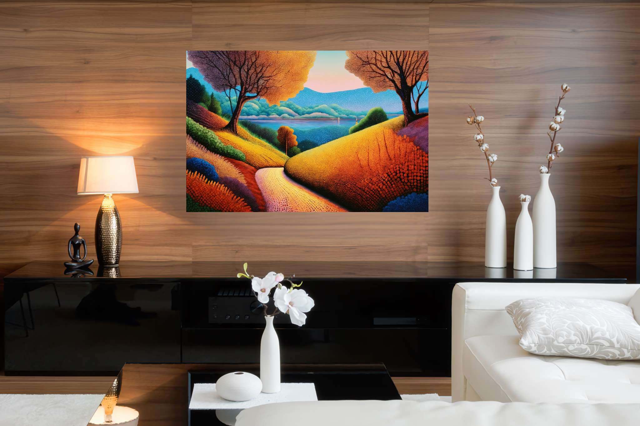 Twilight's embrace: nature's ballet: Vibrant landscape art with dynamic nature scenery, in a room with minimalist approach, canvas prints, and designer furniture. The art can be printed on poster, framed poster, canvas, metal, acrylic or wood, exclusively at WallArtZen. Find this exact print at https://wallartzen.com/waz48