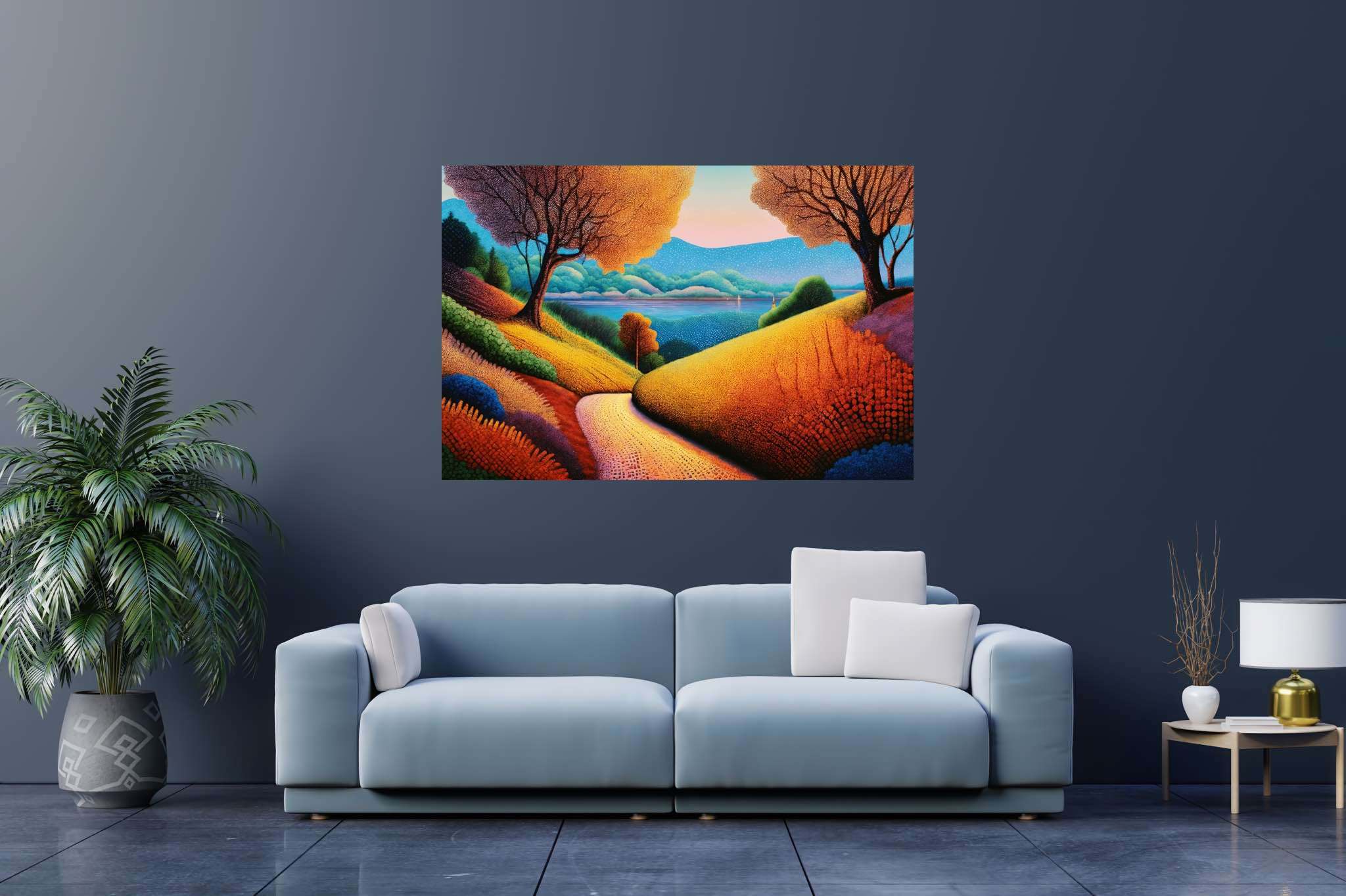 Twilight's embrace: nature's ballet: Vibrant landscape art with vivid nature paintings, in a room with elegant layout, mural artworks, and luxe decor. The art can be printed on poster, framed poster, canvas, metal, acrylic or wood, exclusively at WallArtZen. Find this exact print at https://wallartzen.com/waz48