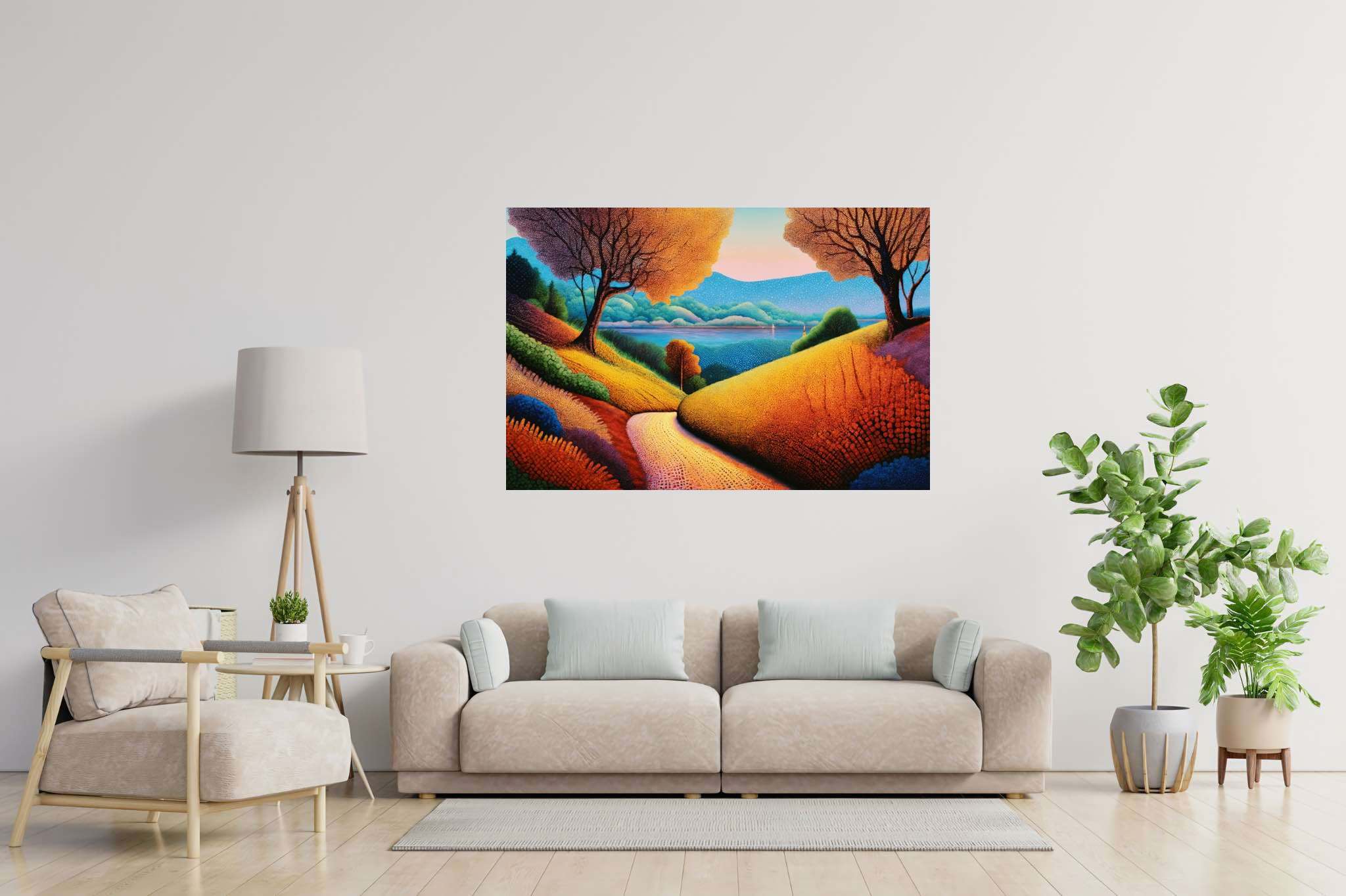 Twilight's embrace: nature's ballet: Vibrant landscape art with vibrant natural scenery, in a room with innovative layout, wall art, and luxe decor. The art can be printed on poster, framed poster, canvas, metal, acrylic or wood, exclusively at WallArtZen. Find this exact print at https://wallartzen.com/waz48