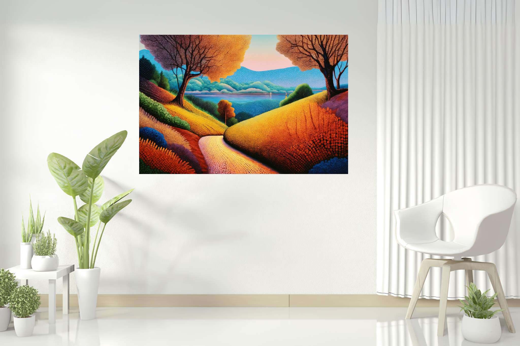 Twilight's embrace: nature's ballet: Vibrant landscape art with vibrant countryside paintings, in a room with elegant layout, bespoke art designs, and designer furniture. The art can be printed on poster, framed poster, canvas, metal, acrylic or wood, exclusively at WallArtZen. Find this exact print at https://wallartzen.com/waz48