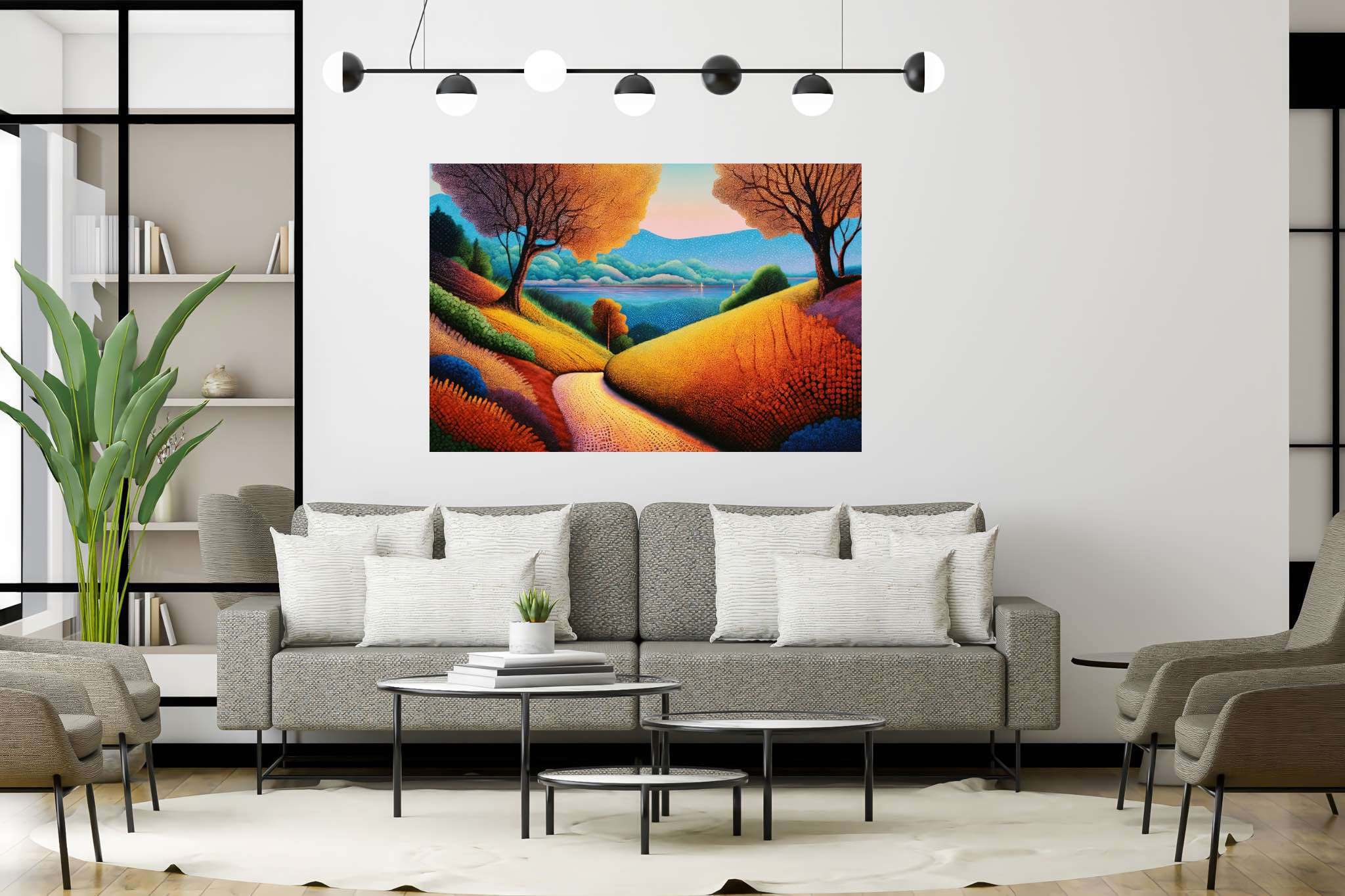 Twilight's embrace: nature's ballet: Vibrant landscape art with vibrant landscape scenery, in a room with innovative layout, framed art, and stylish accessories. The art can be printed on poster, framed poster, canvas, metal, acrylic or wood, exclusively at WallArtZen. Find this exact print at https://wallartzen.com/waz48