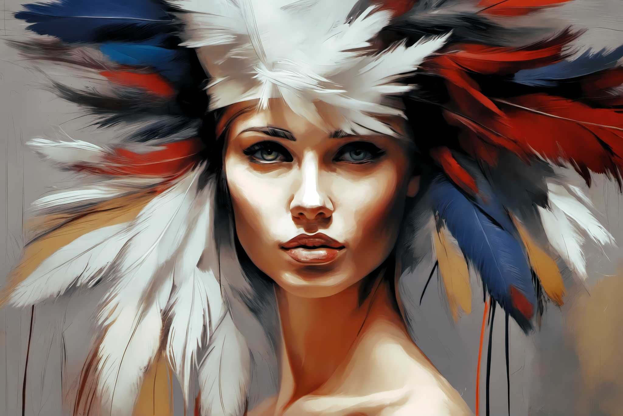 Soul gaze in feathered hue: Vibrant portrait art with expressive artwork, in a room with classic elegance, photographic wall art, and luxe decor. The art can be printed on poster, framed poster, canvas, metal, acrylic or wood, exclusively at WallArtZen. Find this exact print at https://wallartzen.com/waz49