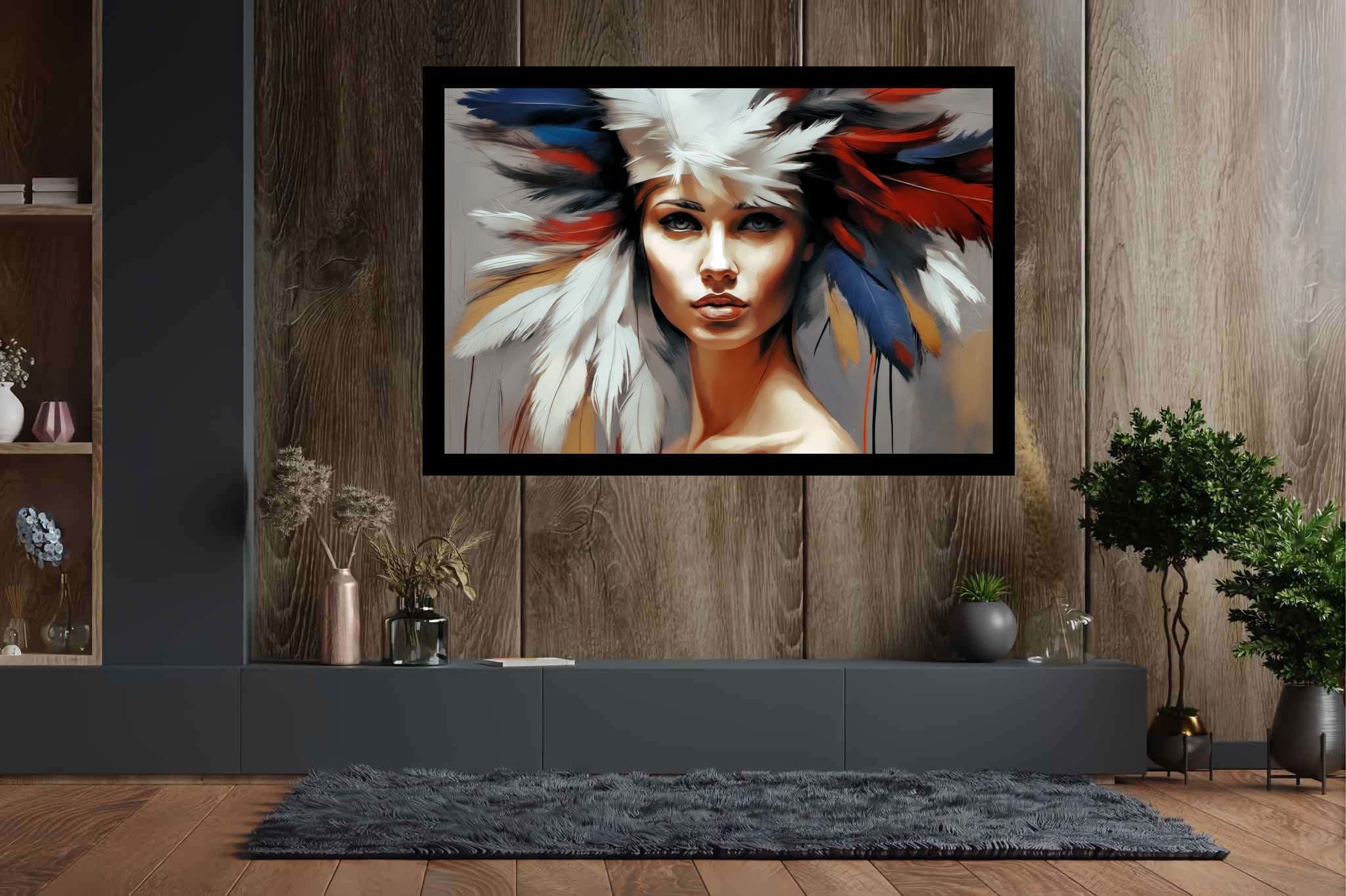 Soul gaze in feathered hue: Vibrant portrait art with vibrant paintings, in a room with artistic style, canvas prints, and home furnishings. The art can be printed on poster, framed poster, canvas, metal, acrylic or wood, exclusively at WallArtZen. Find this exact print at https://wallartzen.com/waz49