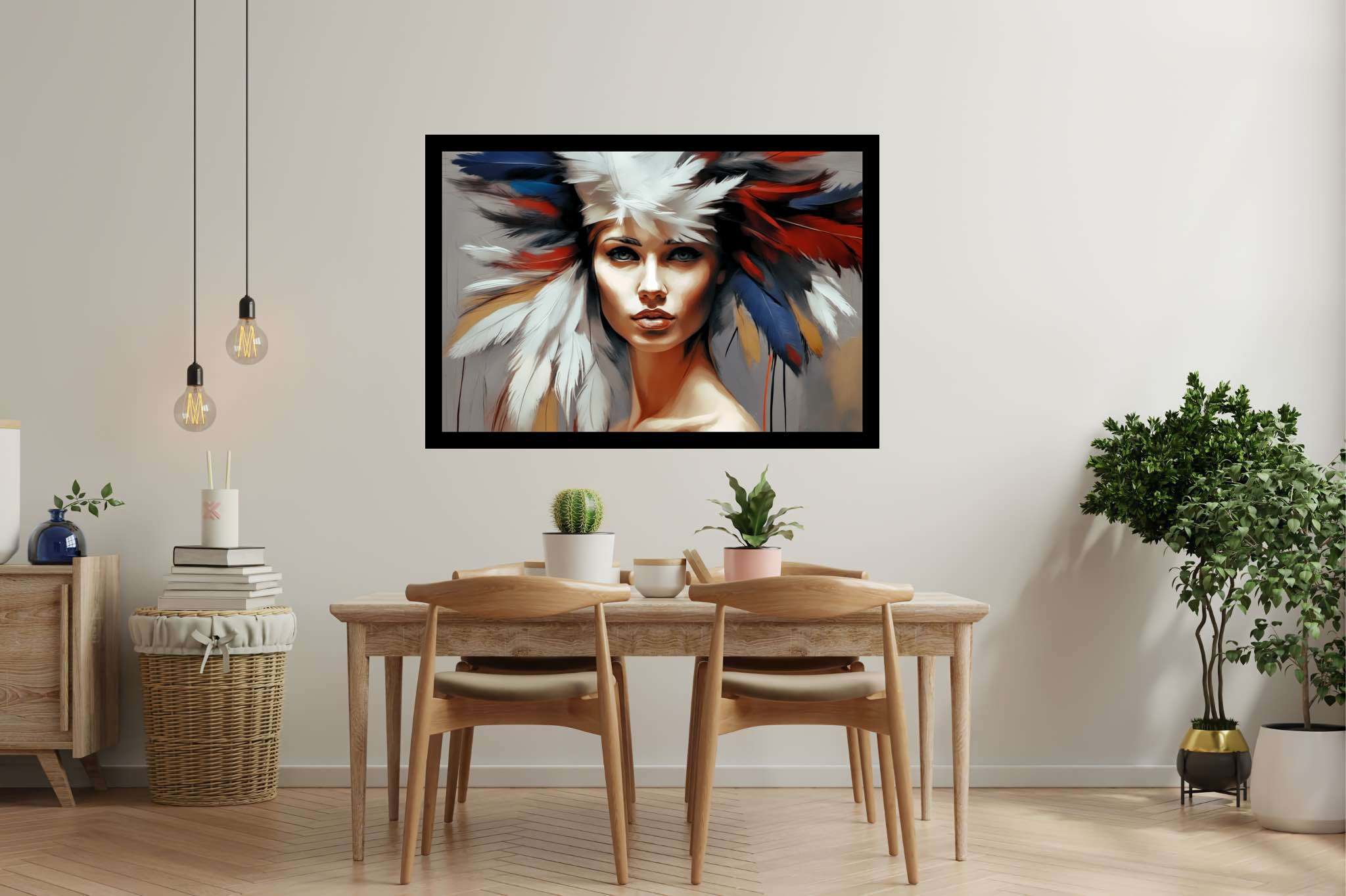 Soul gaze in feathered hue: Vibrant portrait art with expressive artwork, in a room with great design, bespoke art designs, and interior decorations. The art can be printed on poster, framed poster, canvas, metal, acrylic or wood, exclusively at WallArtZen. Find this exact print at https://wallartzen.com/waz49