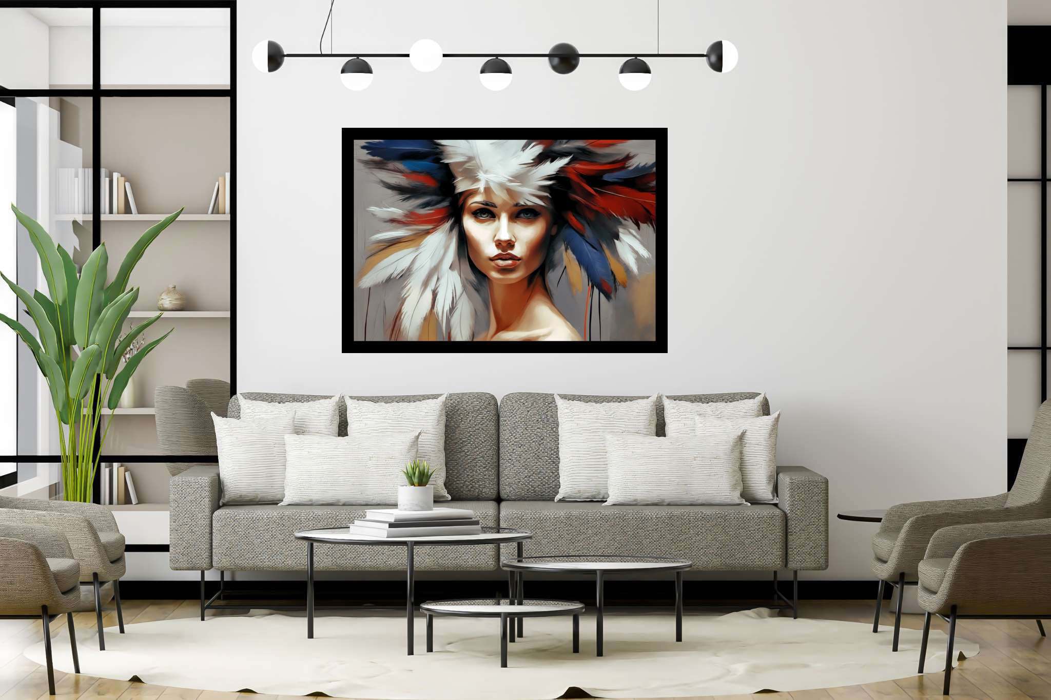 Soul gaze in feathered hue: Vibrant portrait art with vibrant colors, in a room with minimalist approach, mural artworks, and trendy home accents. The art can be printed on poster, framed poster, canvas, metal, acrylic or wood, exclusively at WallArtZen. Find this exact print at https://wallartzen.com/waz49