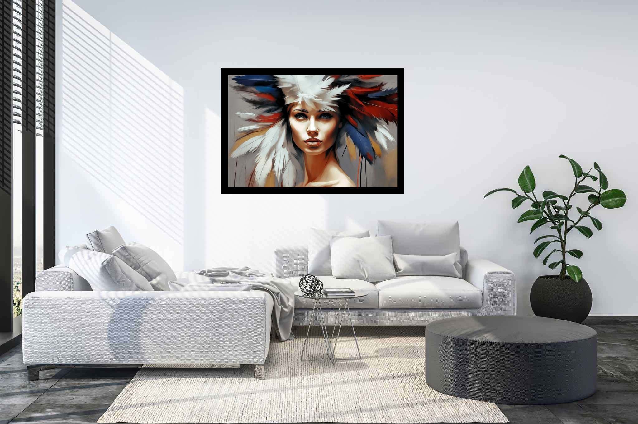 Soul gaze in feathered hue: Vibrant portrait art with vibrant paintings, in a room with elegant layout, canvas prints, and elegant home goods. The art can be printed on poster, framed poster, canvas, metal, acrylic or wood, exclusively at WallArtZen. Find this exact print at https://wallartzen.com/waz49