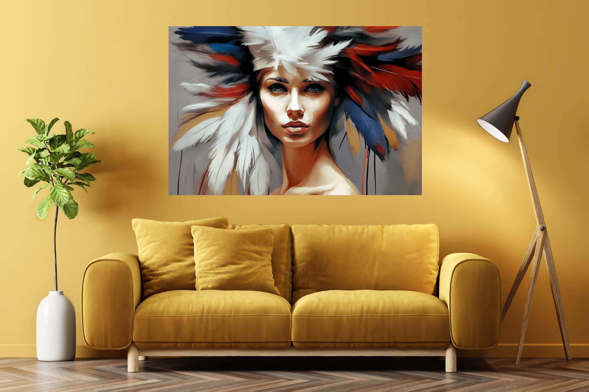 Soul gaze in feathered hue: Vibrant portrait art with vibrant portrait art, in a room with great design, wall art, and home styling items. The art can be printed on poster, framed poster, canvas, metal, acrylic or wood, exclusively at WallArtZen. Find this exact print at https://wallartzen.com/waz49