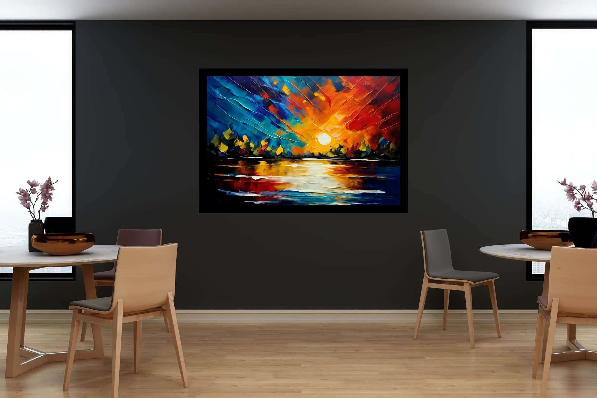 Amber veil dusk: Sunset art with nature inspired art, in a room with urban design, digital art pieces, and interior decorations. The art can be printed on poster, framed poster, canvas, metal, acrylic or wood, exclusively at WallArtZen. Find this exact print at https://wallartzen.com/waz4