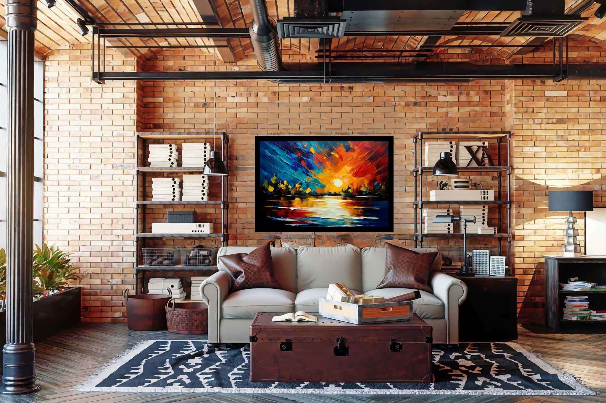 Amber veil dusk: Sunset art with nature inspired art, in a room with urban design, wall hangings, and decorative pieces. The art can be printed on poster, framed poster, canvas, metal, acrylic or wood, exclusively at WallArtZen. Find this exact print at https://wallartzen.com/waz4